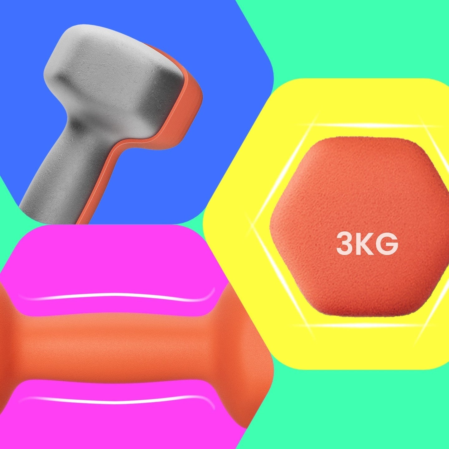 Set of 2 Hexagonal Neoprene Dumbbells - 2 x 2 kg - Green - Ideal for Home Workout and Fitness