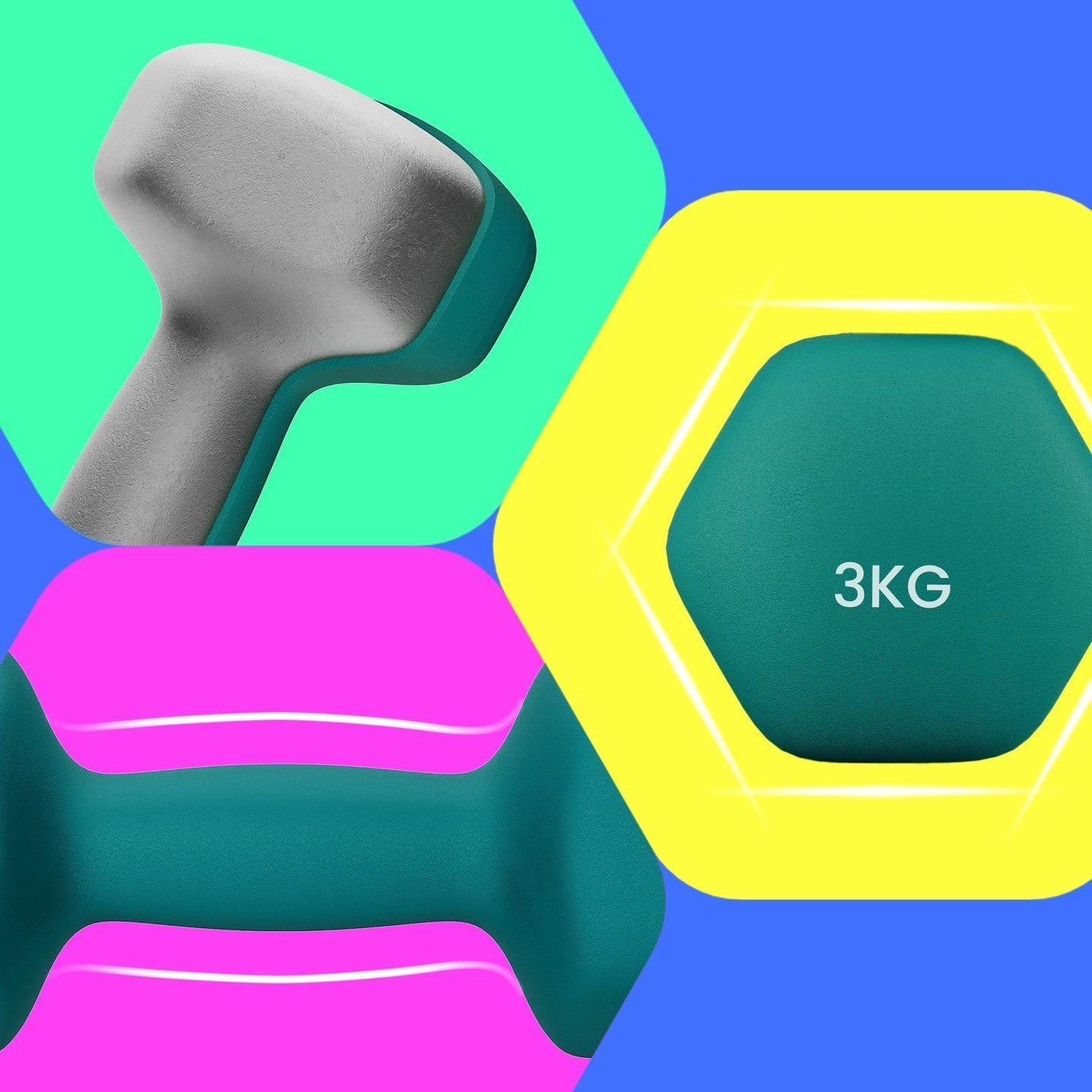 Set of 2 Hexagonal Neoprene Dumbbells - 2 x 2 kg - Green - Ideal for Home Workout and Fitness