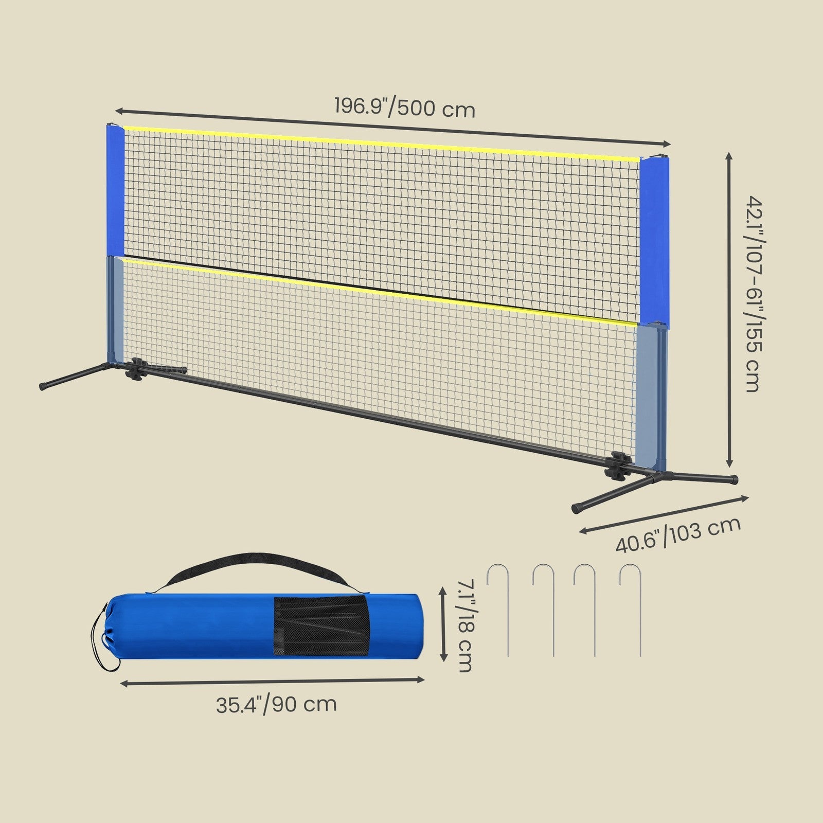 Badminton Sports Net - 5m - Steel Poles - Adjustable Height