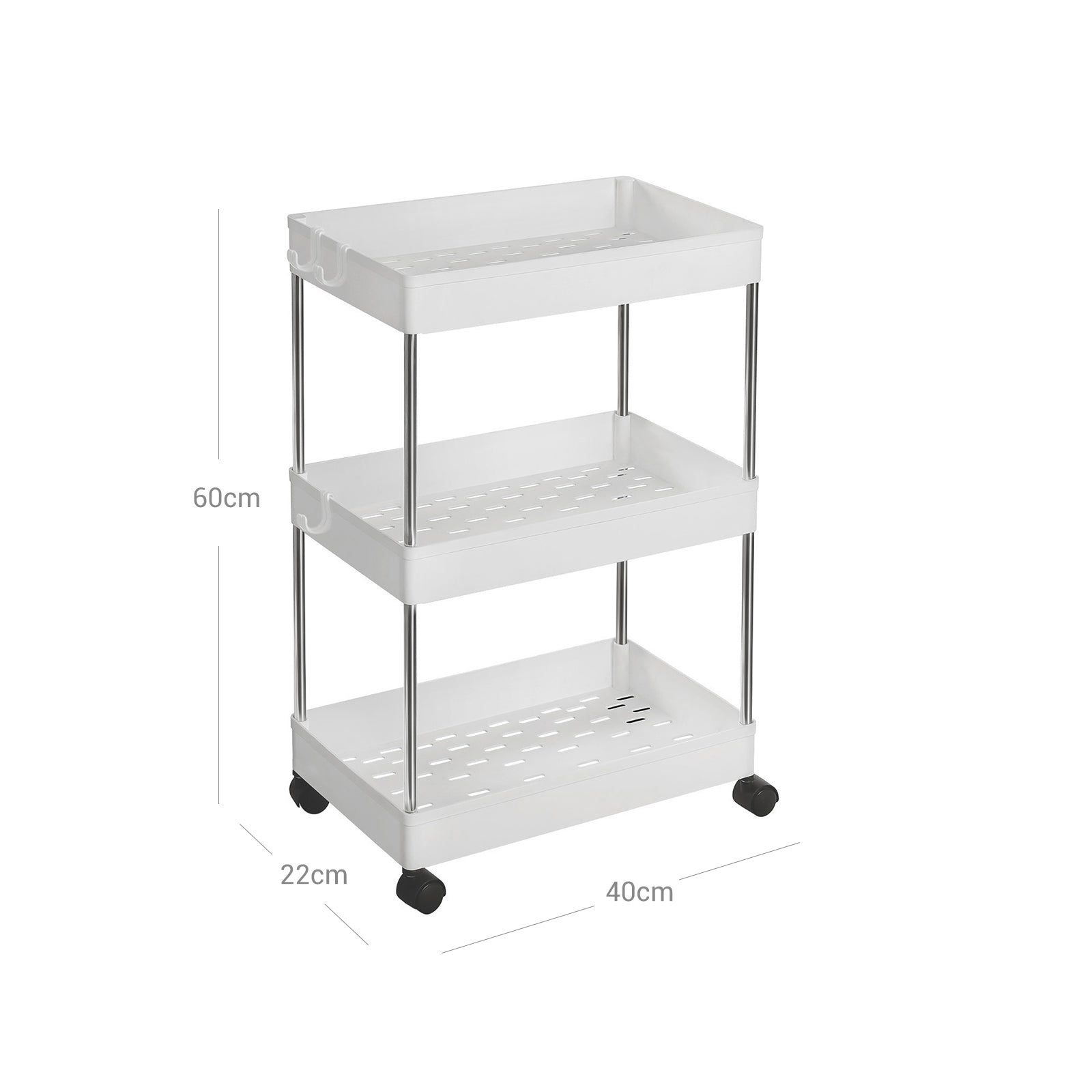 Storage Trolley - Rolling with 3 Baskets - Metal - White - Durable and Reliable