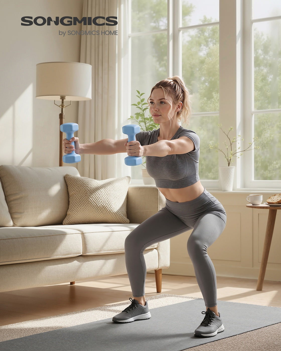 Dumbbells Set of 2 Dumbbells Hexagon Neoprene Coating Strength Fitness Training Home - Cast Iron and Neoprene Coating - Pale Blue