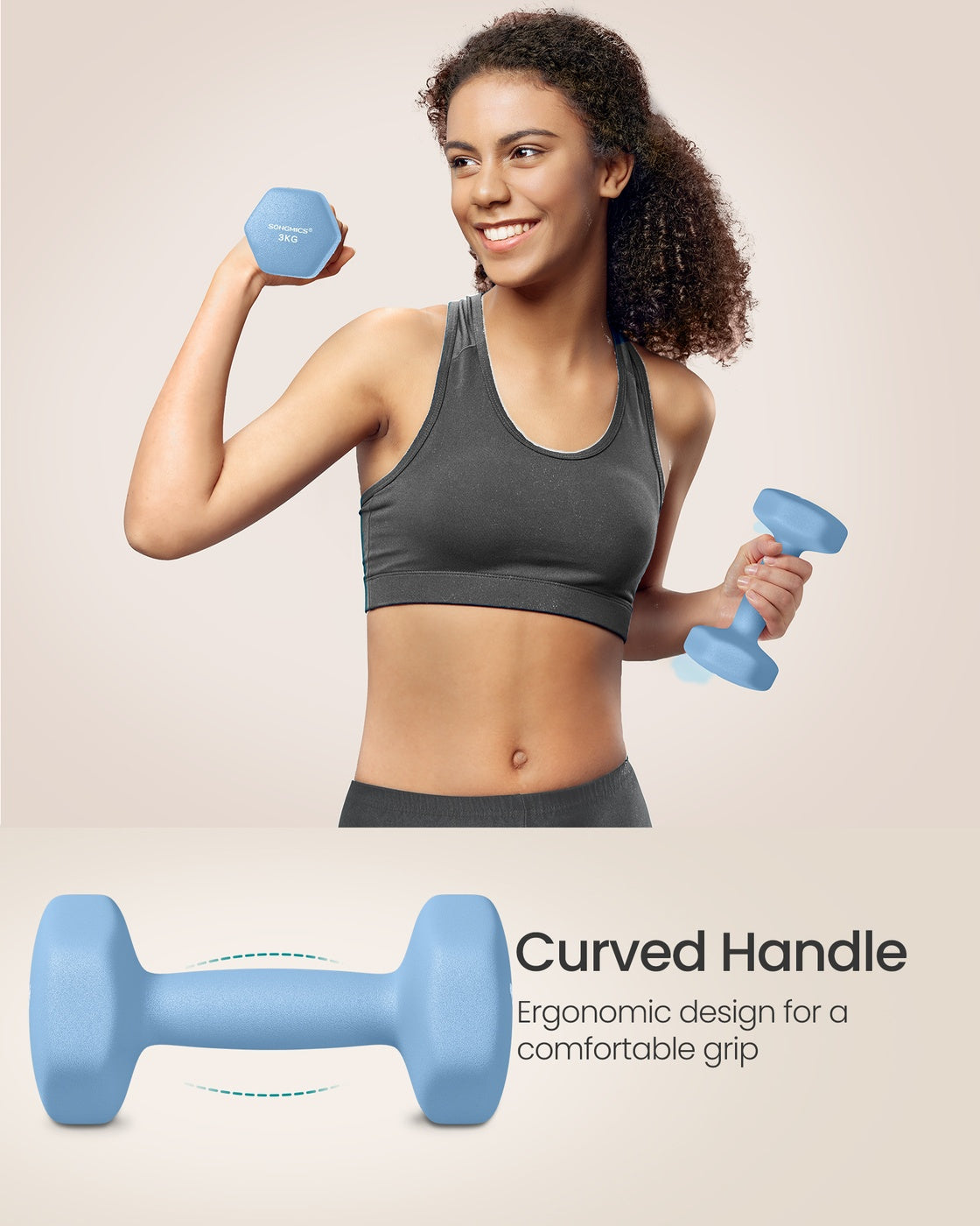 Dumbbells Set of 2 Dumbbells Hexagon Neoprene Coating Strength Fitness Training Home - Cast Iron and Neoprene Coating - Pale Blue