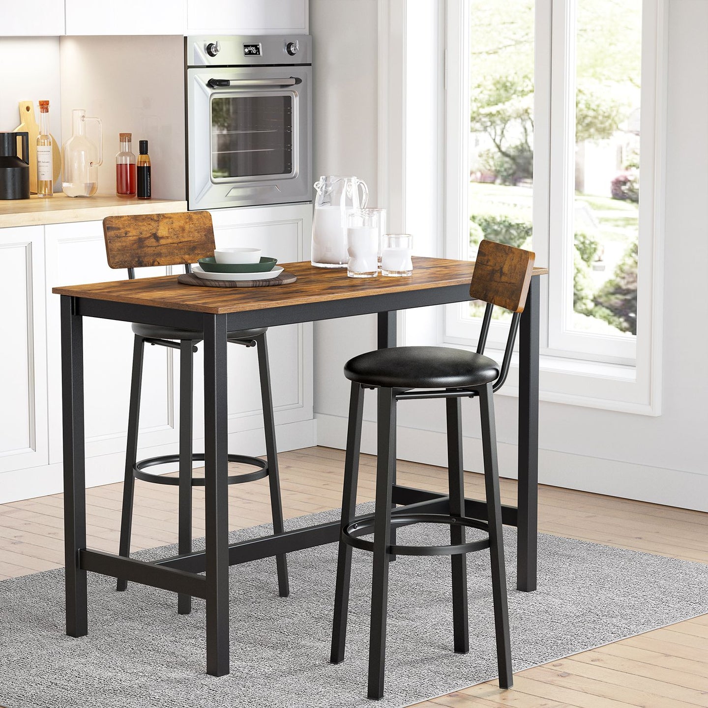 Set of 2 Bar Stools - PU Upholstered - Rustic Brown and Black