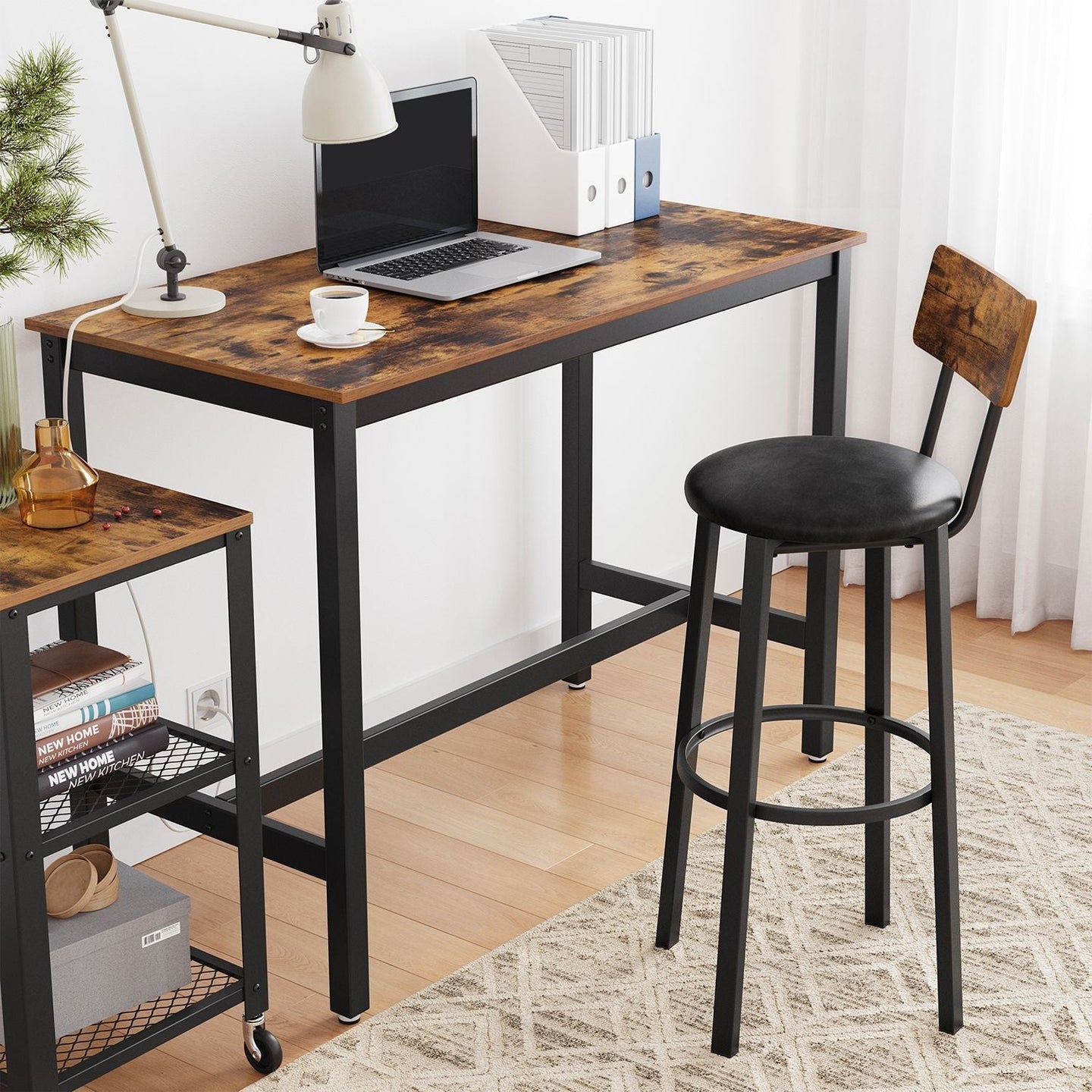 Set of 2 Bar Stools - PU Upholstered - Rustic Brown and Black
