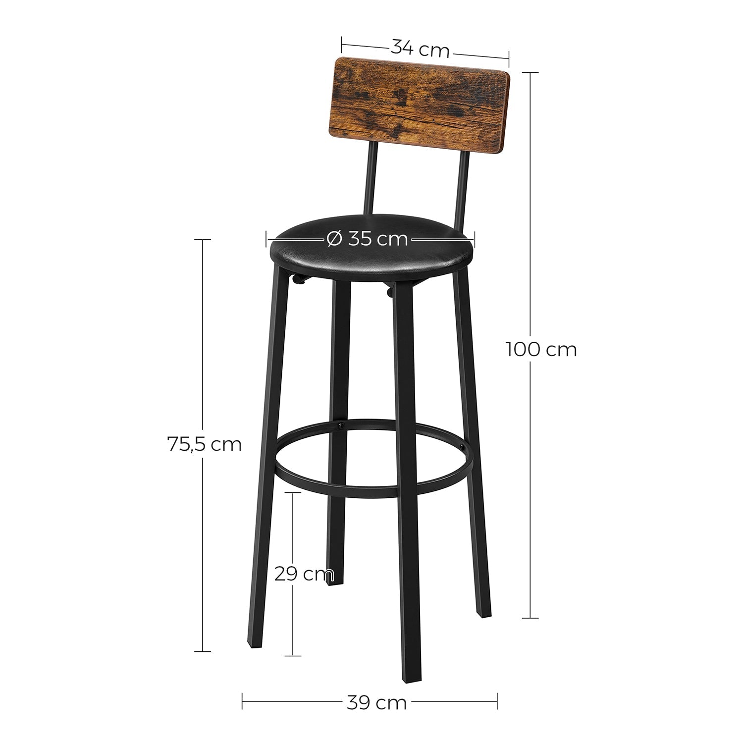 Set of 2 Bar Stools - PU Upholstered - Rustic Brown and Black