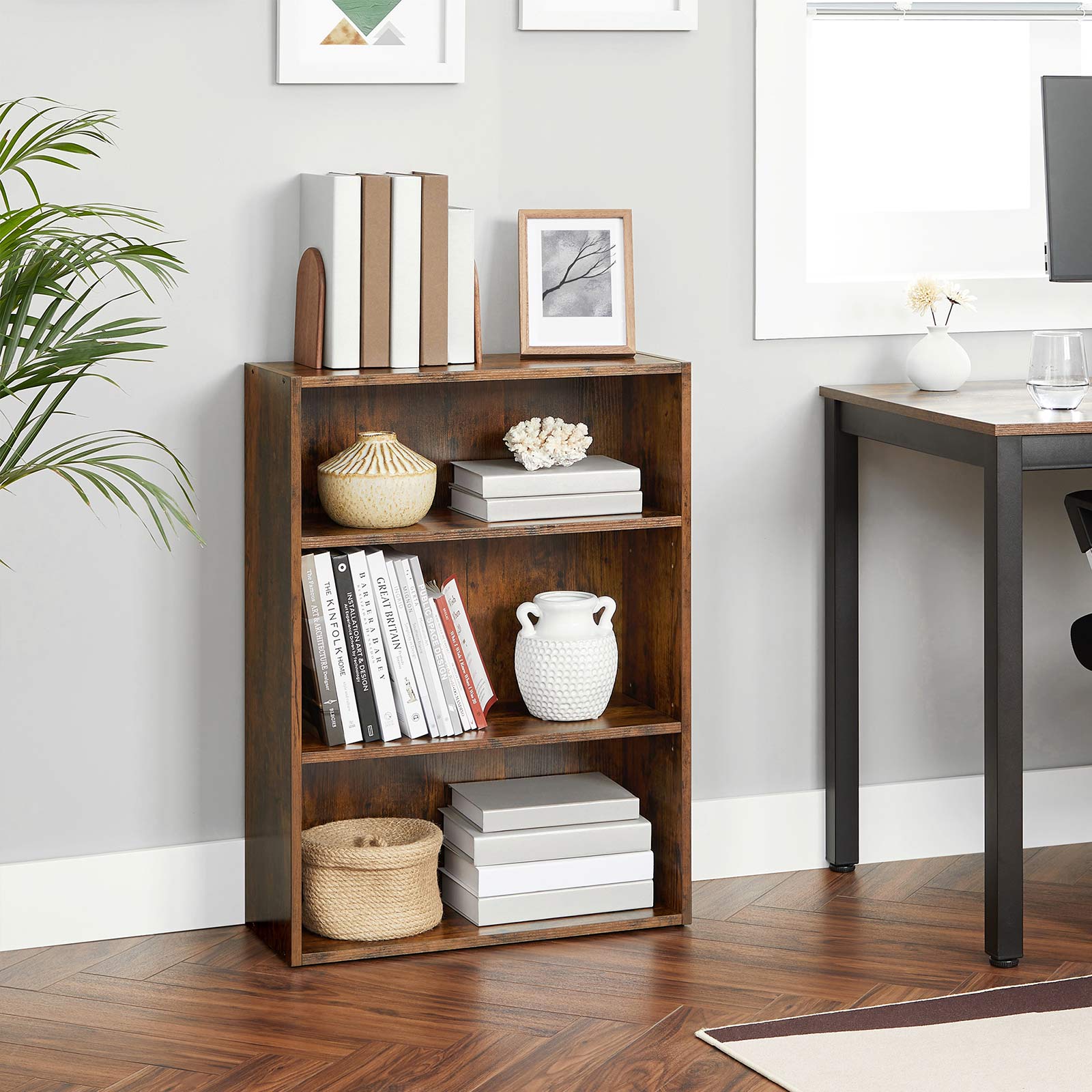 3-Tier Bookcase - Wood - Rustic Brown - Adjustable Shelves with Open Compartments