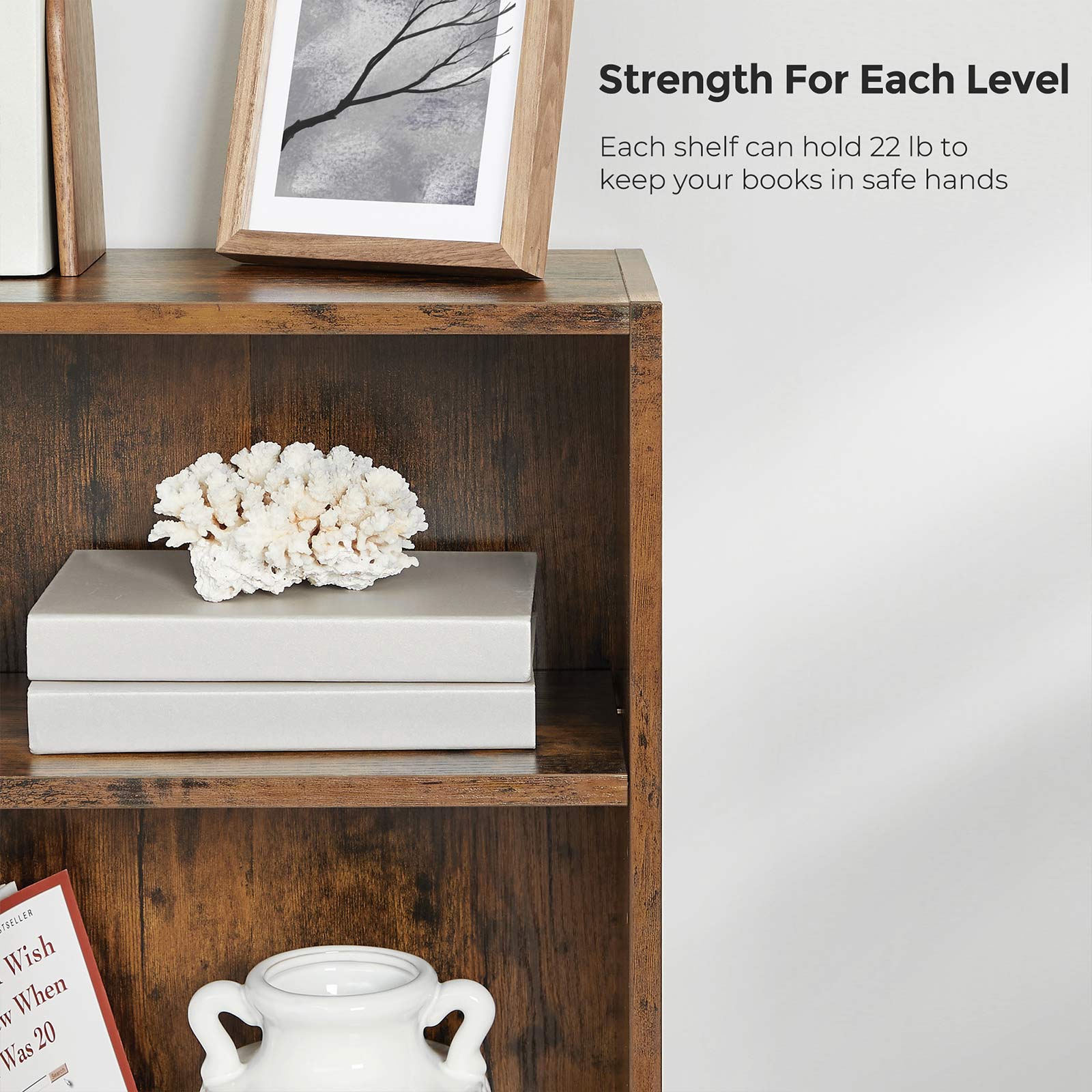3-Tier Bookcase - Wood - Rustic Brown - Adjustable Shelves with Open Compartments