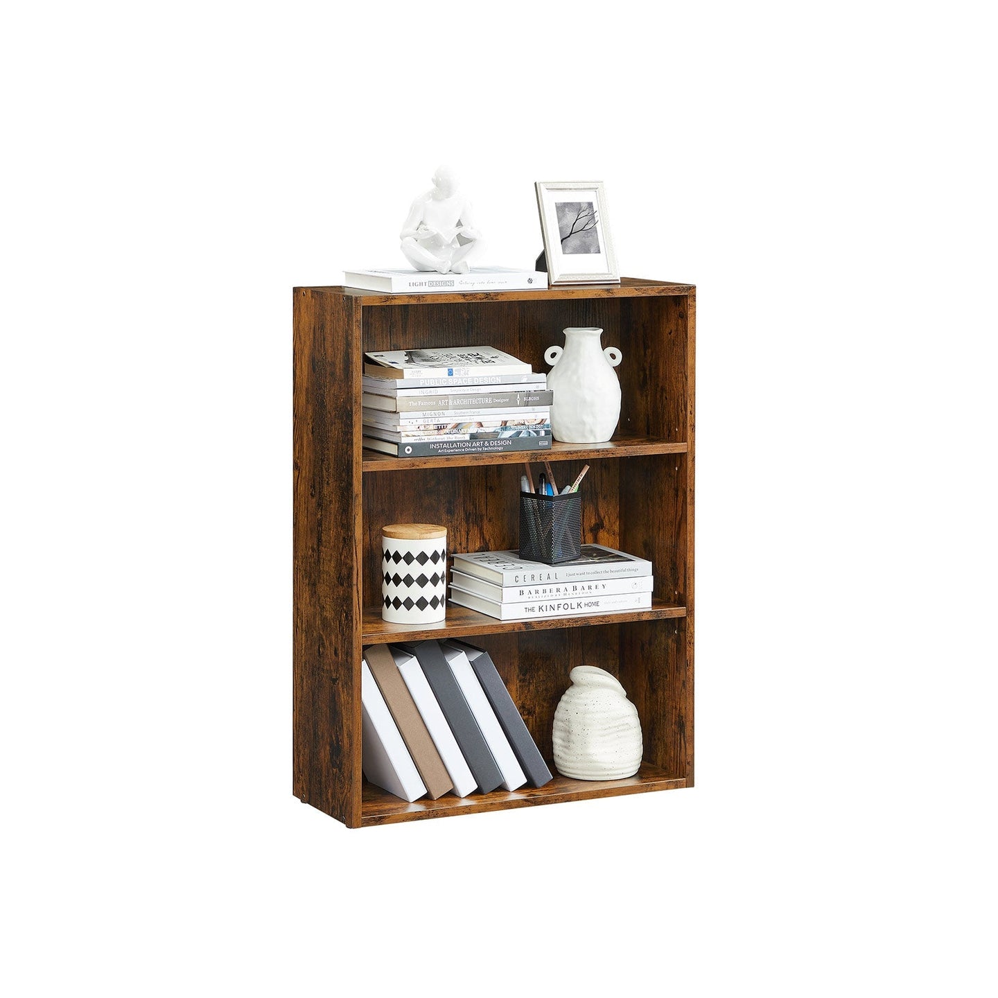 3-Tier Bookcase - Wood - Rustic Brown - Adjustable Shelves with Open Compartments