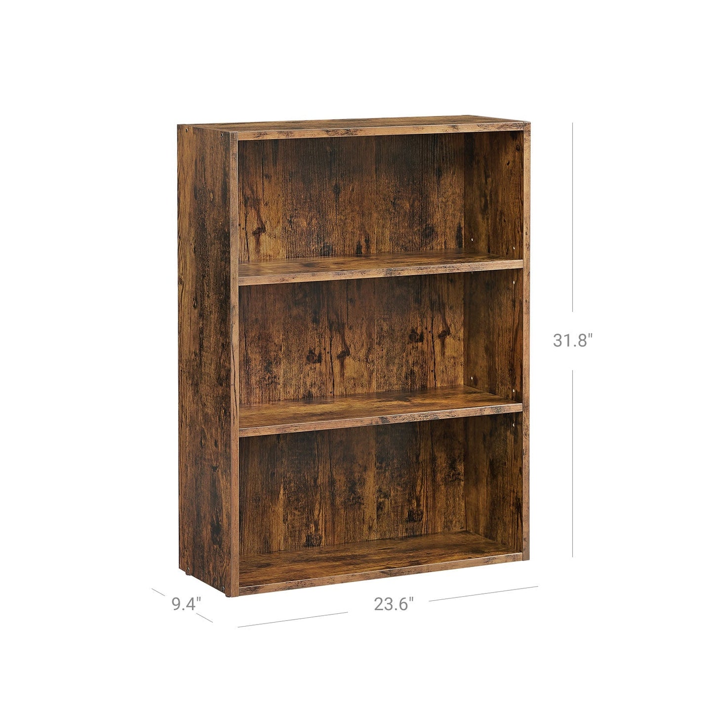 3-Tier Bookcase - Wood - Rustic Brown - Adjustable Shelves with Open Compartments