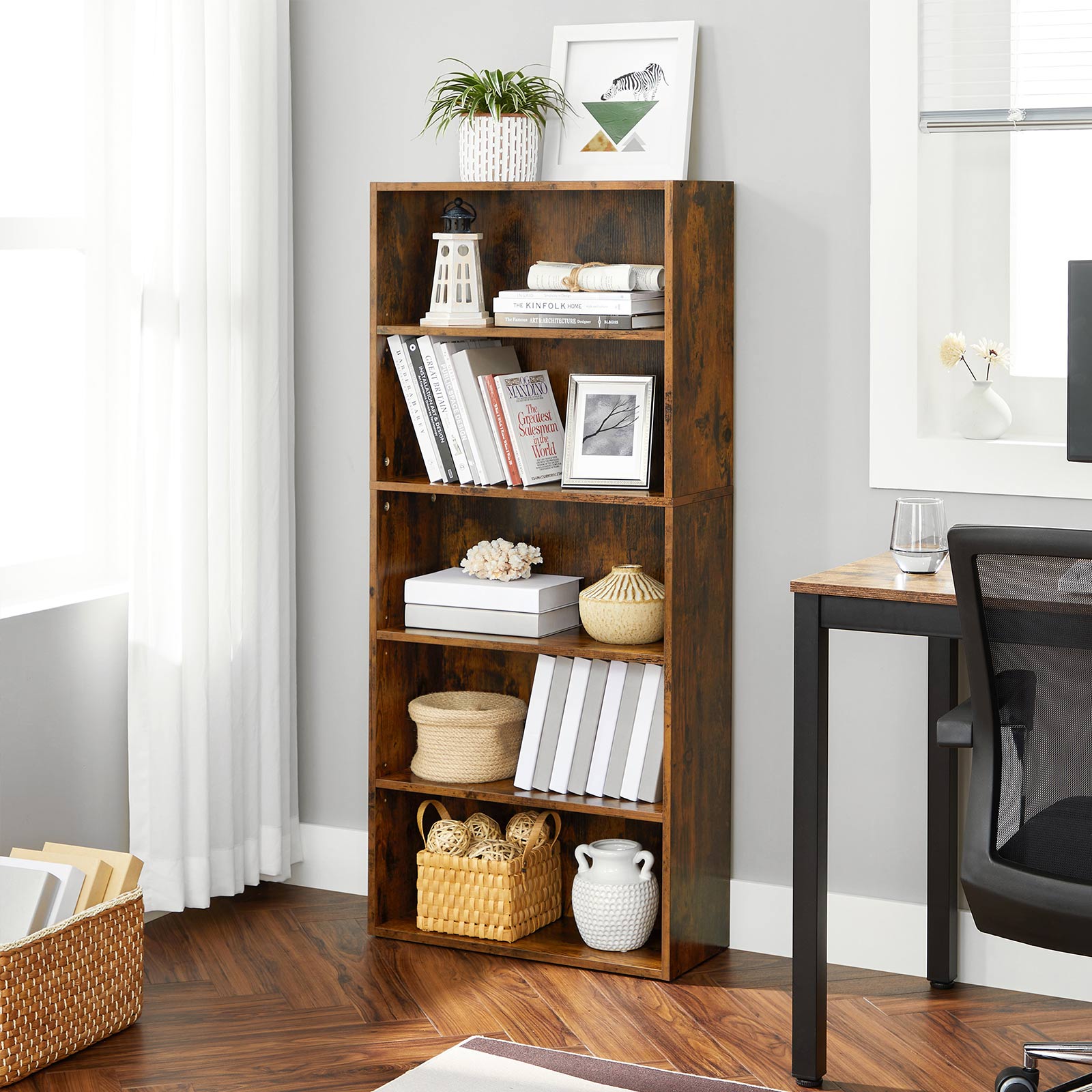 5-Tier Bookcase - Wood - Rustic Brown - Adjustable Storage Shelves