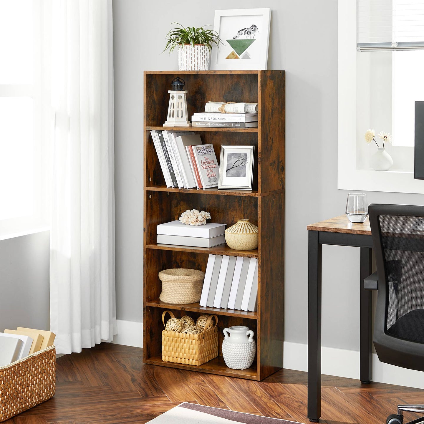 5-Tier Bookcase - Wood - Rustic Brown - Adjustable Storage Shelves