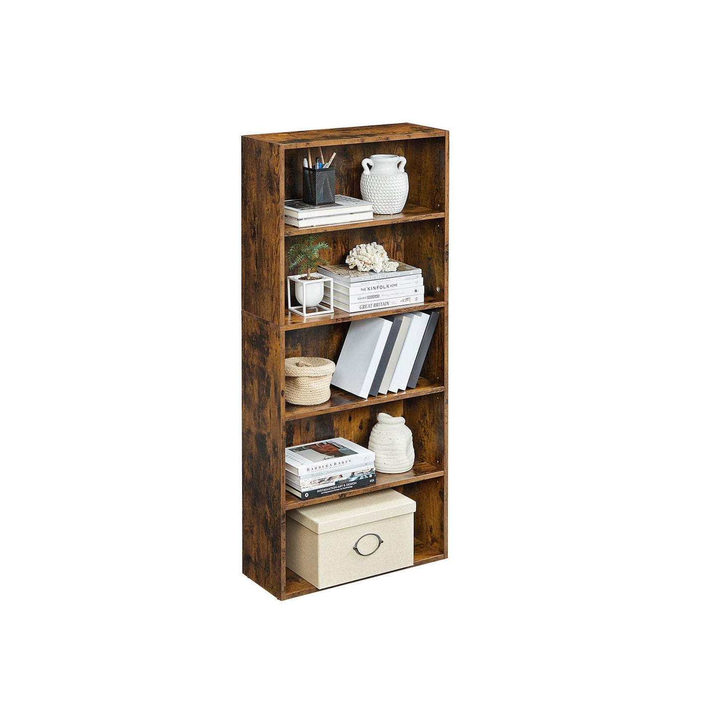 5-Tier Bookcase - Wood - Rustic Brown - Adjustable Storage Shelves