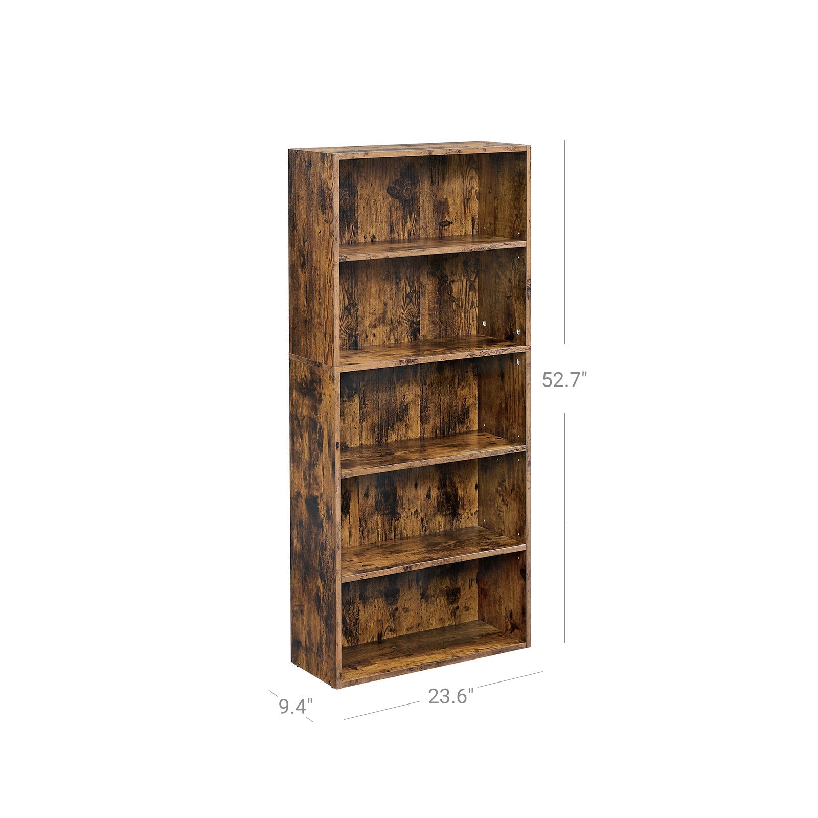 5-Tier Bookcase - Wood - Rustic Brown - Adjustable Storage Shelves