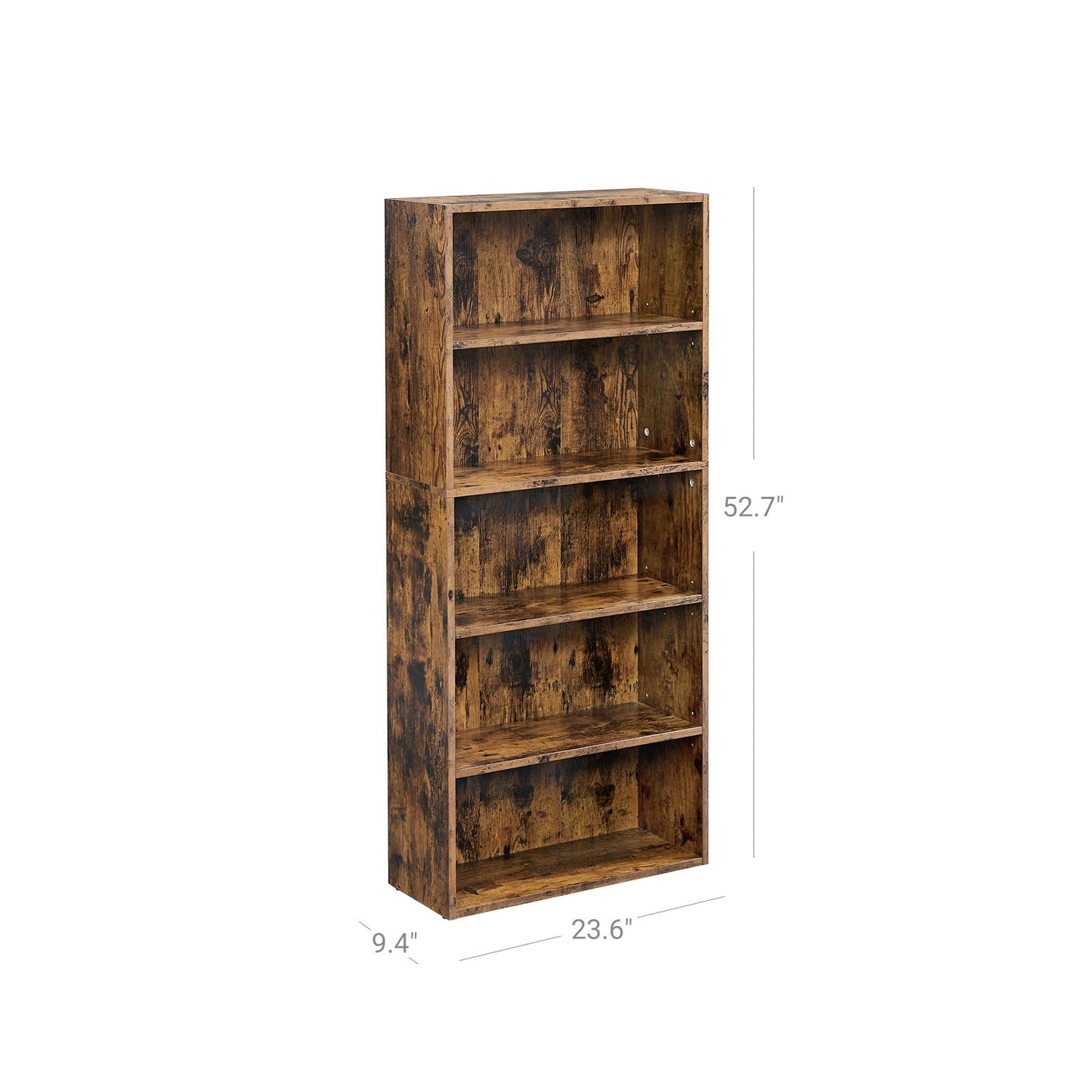5-Tier Bookcase - Wood - Rustic Brown - Adjustable Storage Shelves