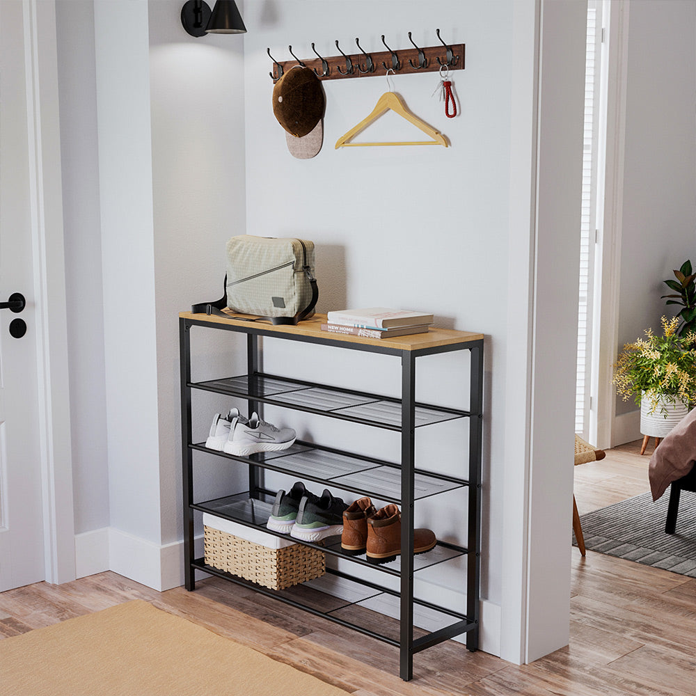 Shoe Rack - Steel - Honey Brown and Black - 4 Mesh Shelves with Large Surface for Bags