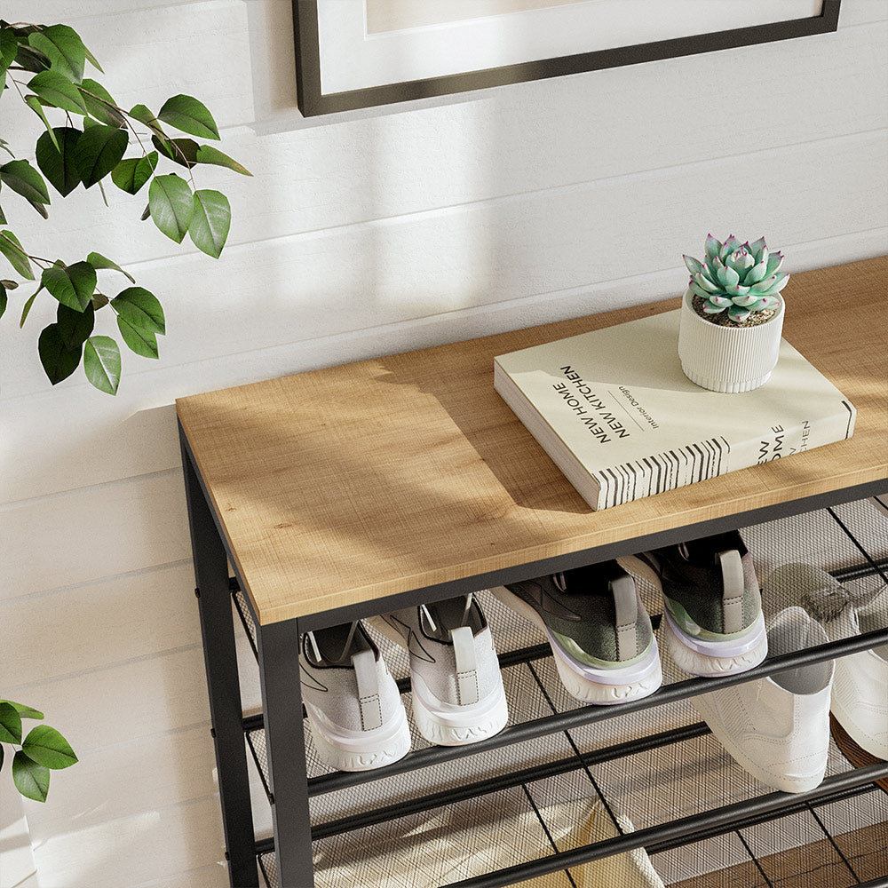 Shoe Rack - Steel - Honey Brown and Black - 4 Mesh Shelves with Large Surface for Bags