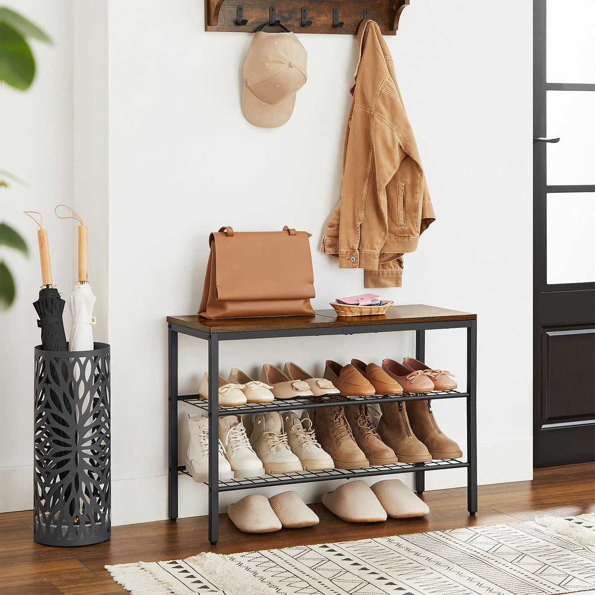 3-Tier Shoe Organizer - Metal - Rustic Brown and Black - Grid Shelves for Up to 6 Pairs