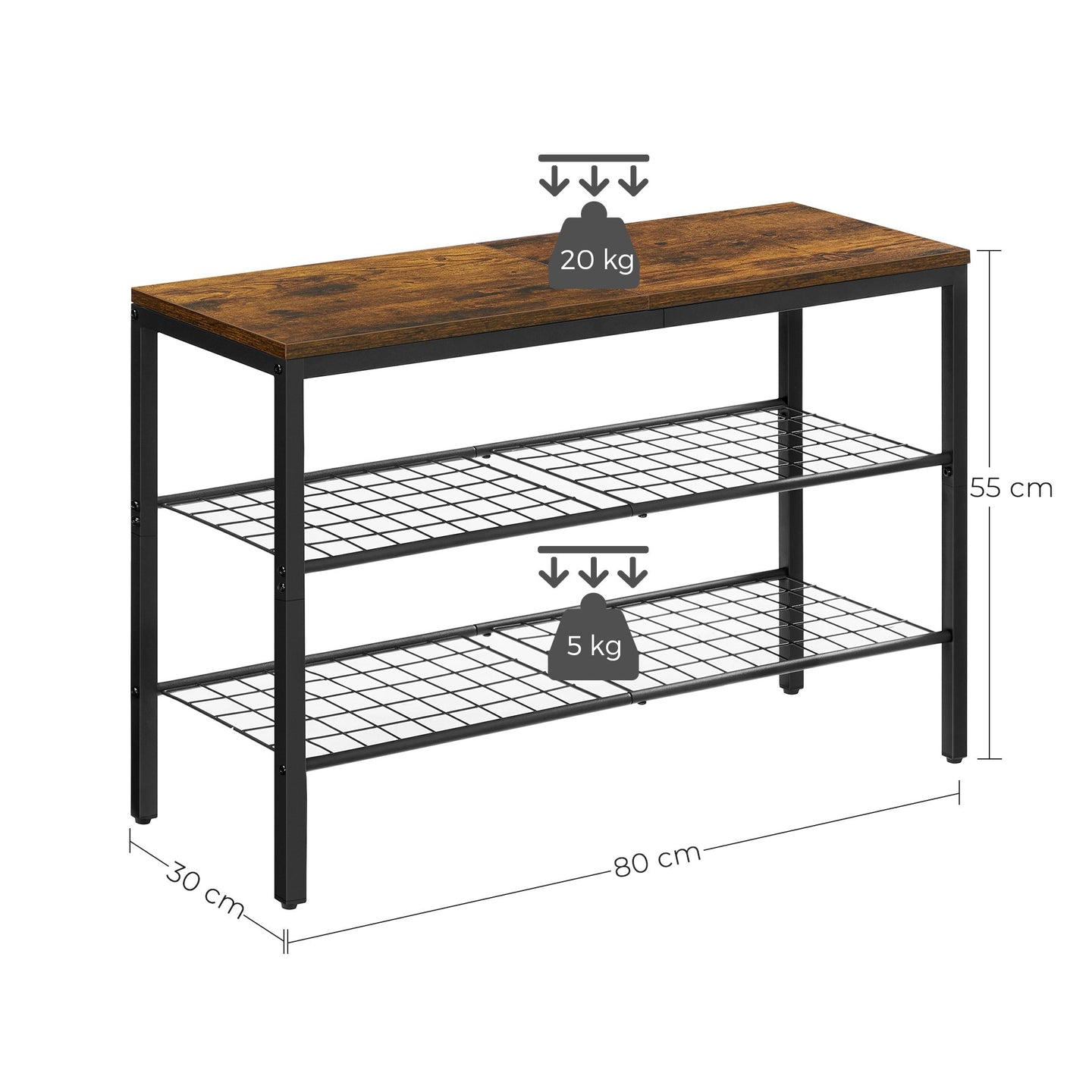 3-Tier Shoe Organizer - Metal - Rustic Brown and Black - Grid Shelves for Up to 6 Pairs