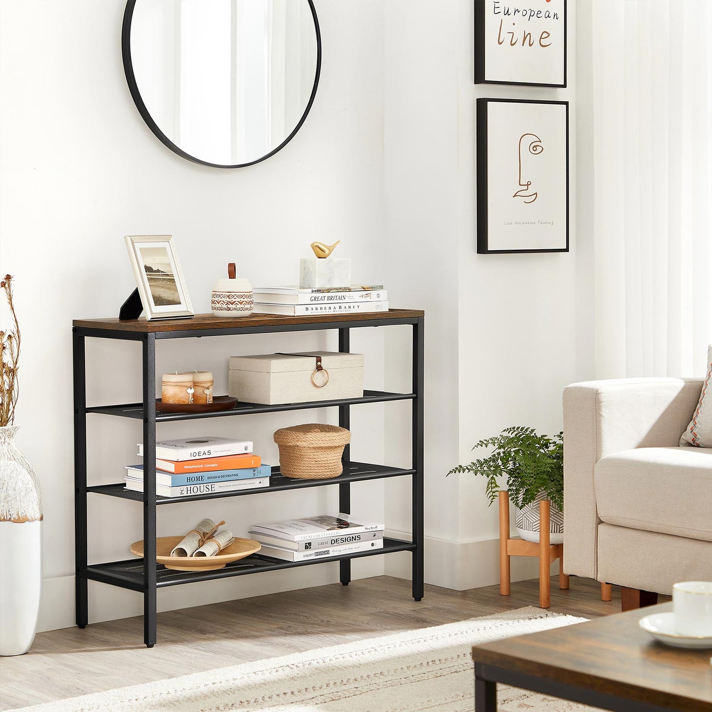 Shoe Rack - Steel - Rustic Brown and Black - 4-Tier with Mesh Shelves