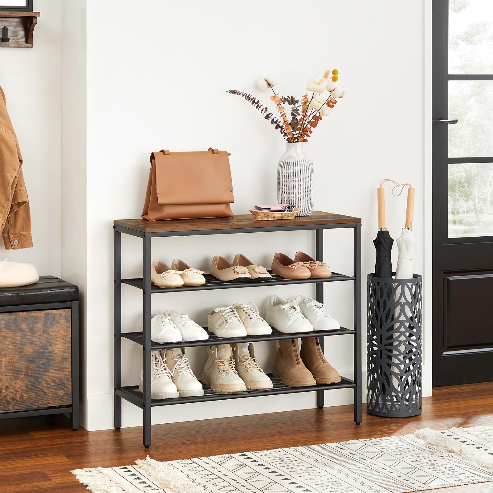 Shoe Rack - Steel - Rustic Brown and Black - 4-Tier with Mesh Shelves