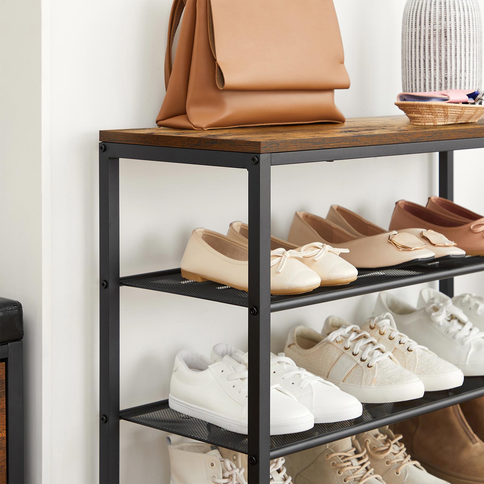 Shoe Rack - Steel - Rustic Brown and Black - 4-Tier with Mesh Shelves