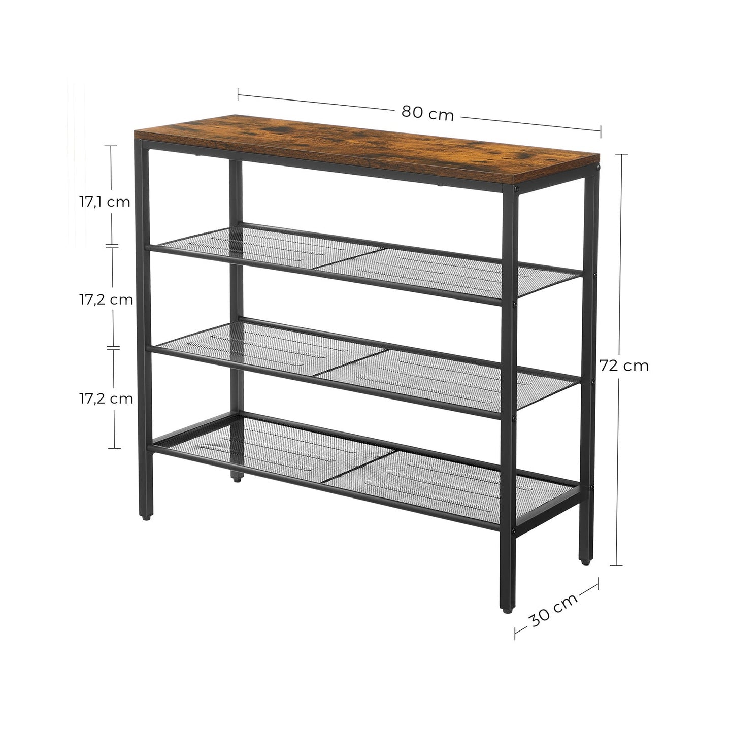 Shoe Rack - Steel - Rustic Brown and Black - 4-Tier with Mesh Shelves