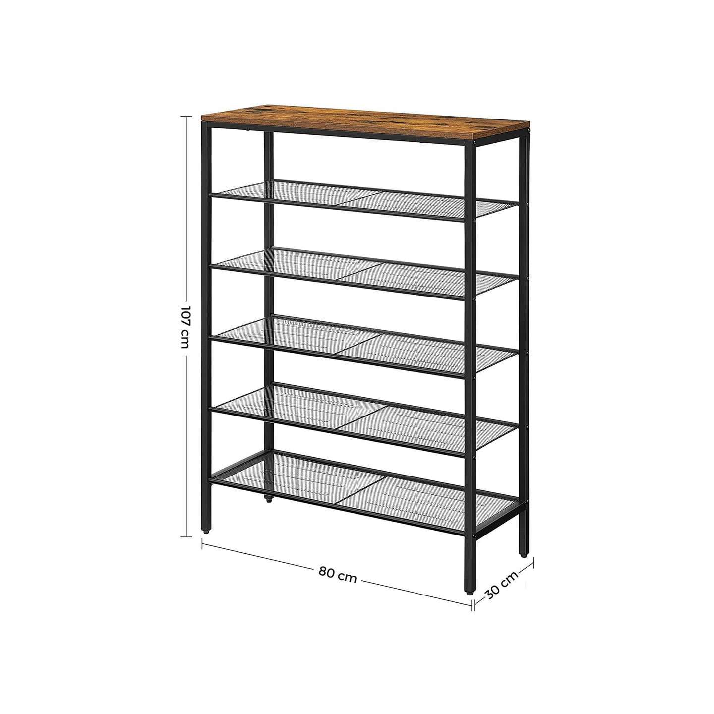 Shoe Rack - Steel - Rustic Brown and Black - 6-Tier Mesh Shelves for 15 Pairs