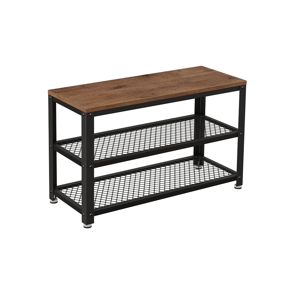 Shoe Bench - Steel Frame - Hazelnut Brown and Black - 3-Tier Storage with Seat and Shelf