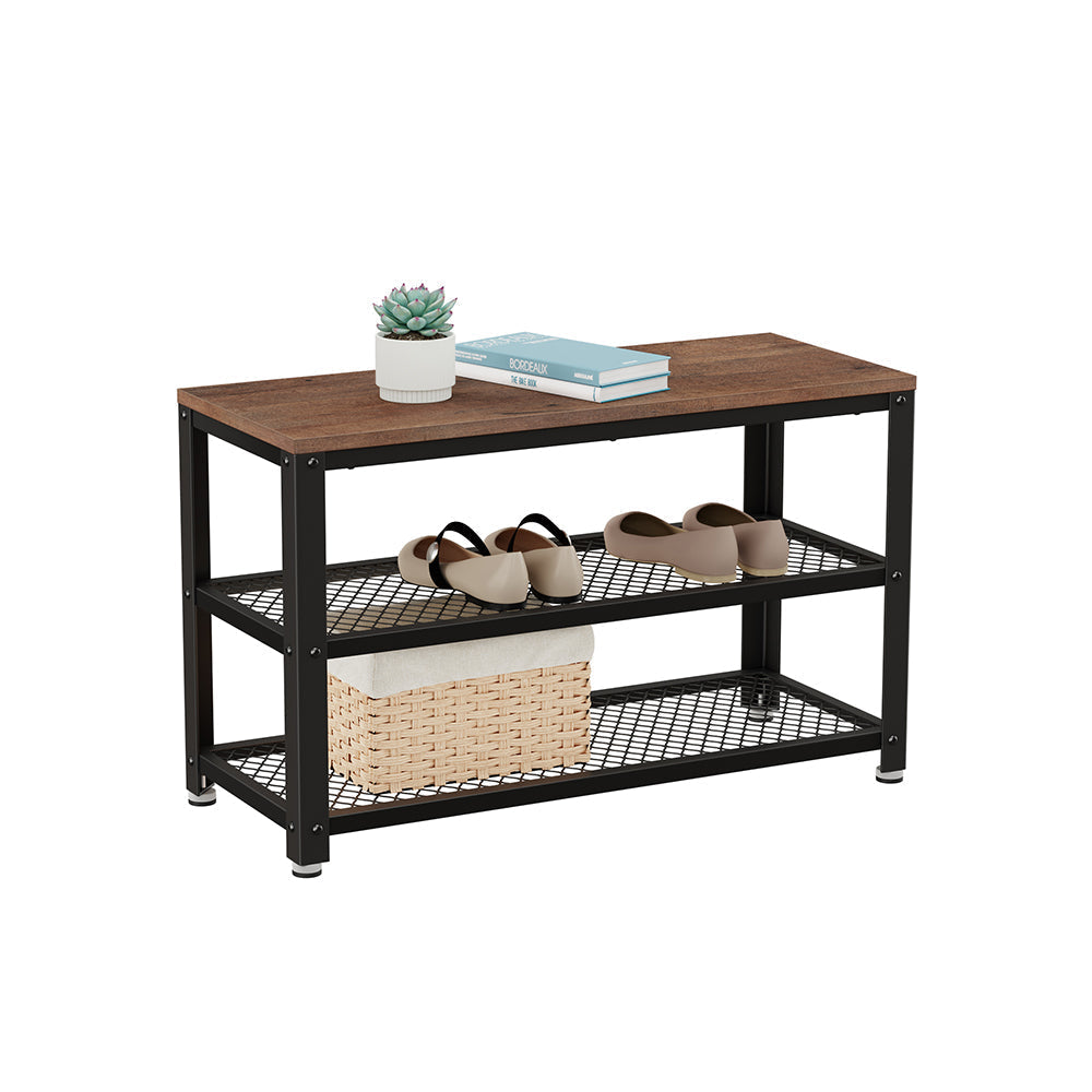 Shoe Bench - Steel Frame - Hazelnut Brown and Black - 3-Tier Storage with Seat and Shelf