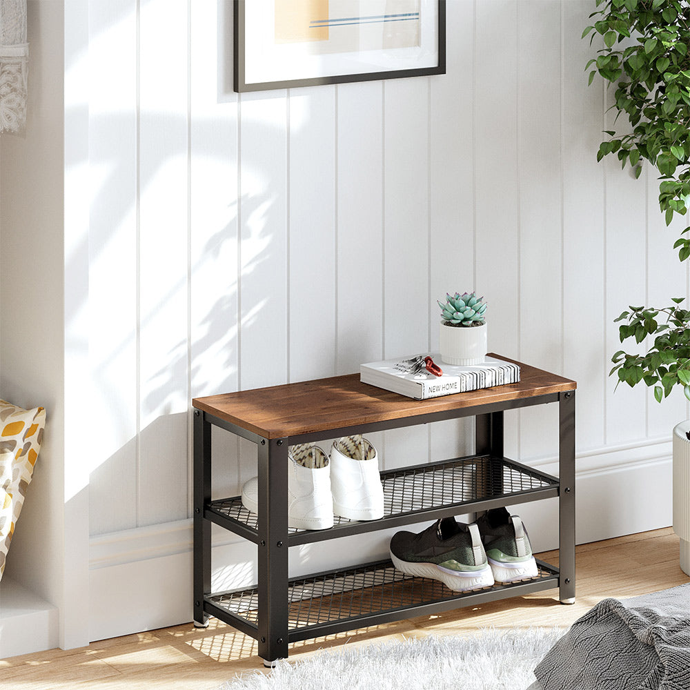 Shoe Bench - Steel Frame - Hazelnut Brown and Black - 3-Tier Storage with Seat and Shelf