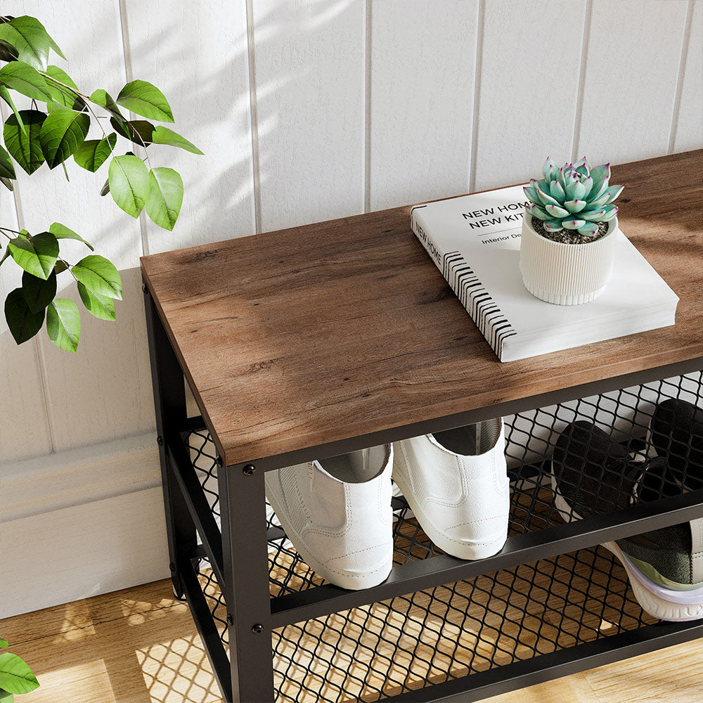 Shoe Bench - Steel Frame - Hazelnut Brown and Black - 3-Tier Storage with Seat and Shelf