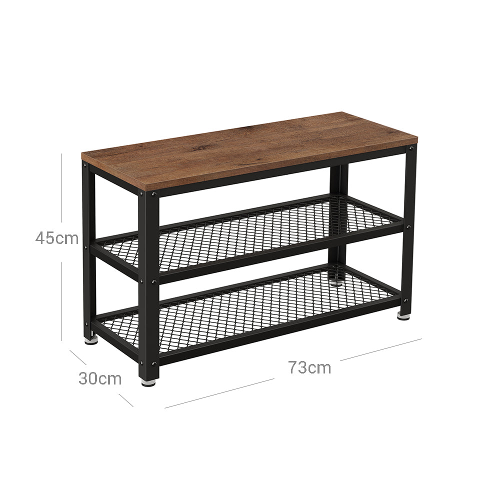 Shoe Bench - Steel Frame - Hazelnut Brown and Black - 3-Tier Storage with Seat and Shelf