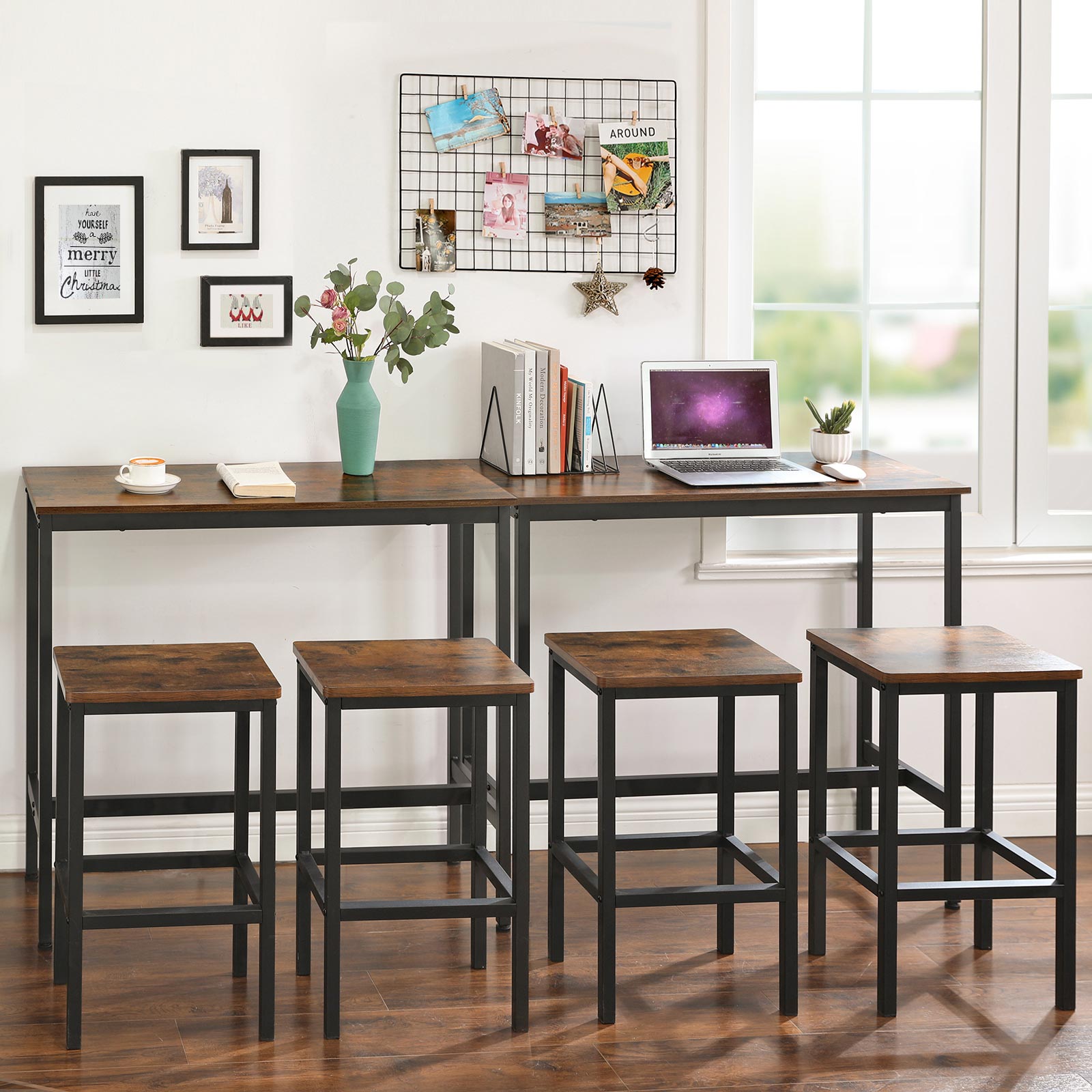 Narrow Rectangular Bar Table - Metal - Rustic Brown and Black