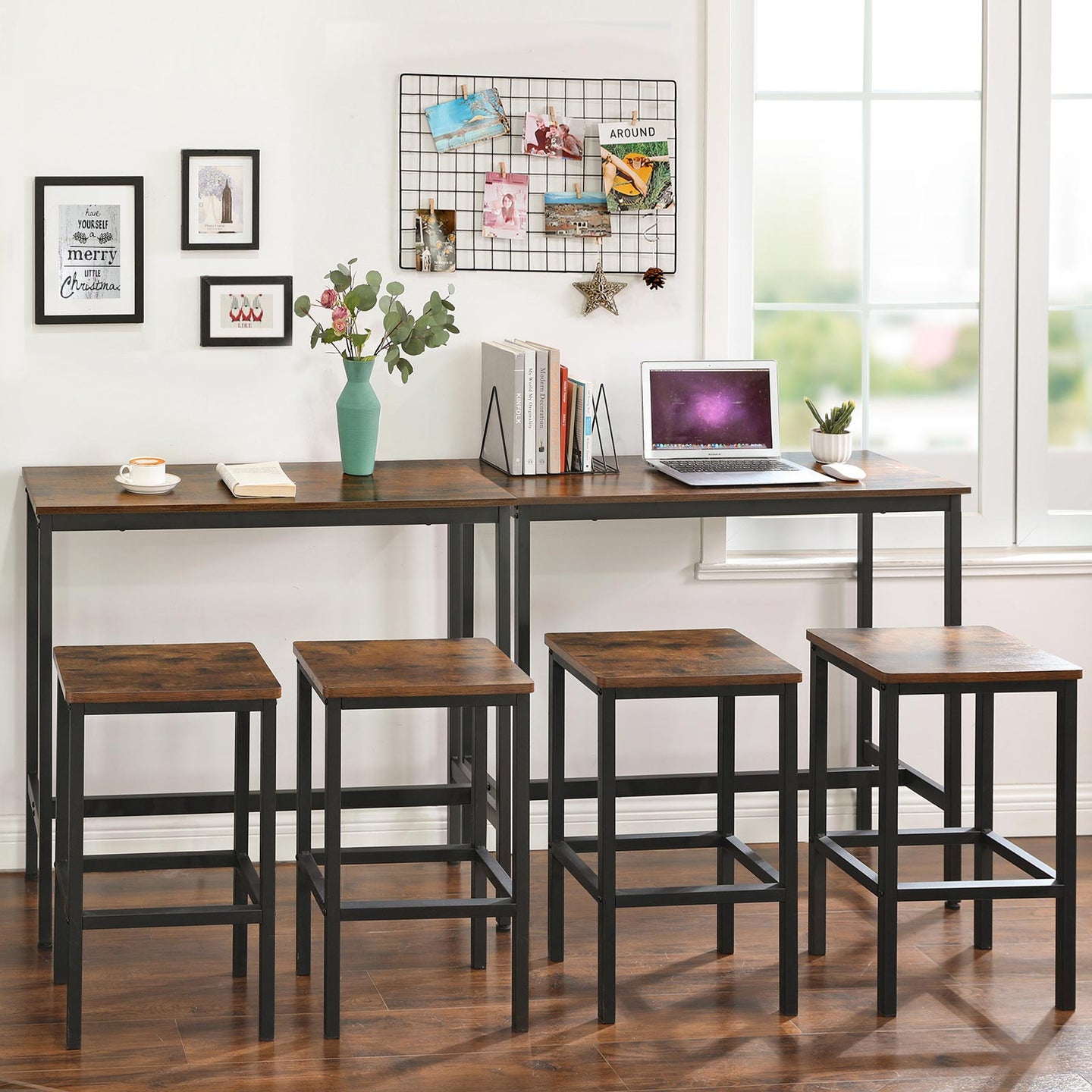 Narrow Rectangular Bar Table - Metal - Rustic Brown and Black