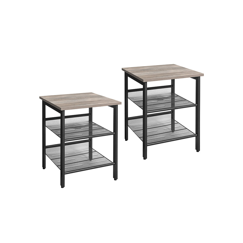 Nightstand Set - Steel Frame - Greige and Black - Adjustable Mesh Shelves