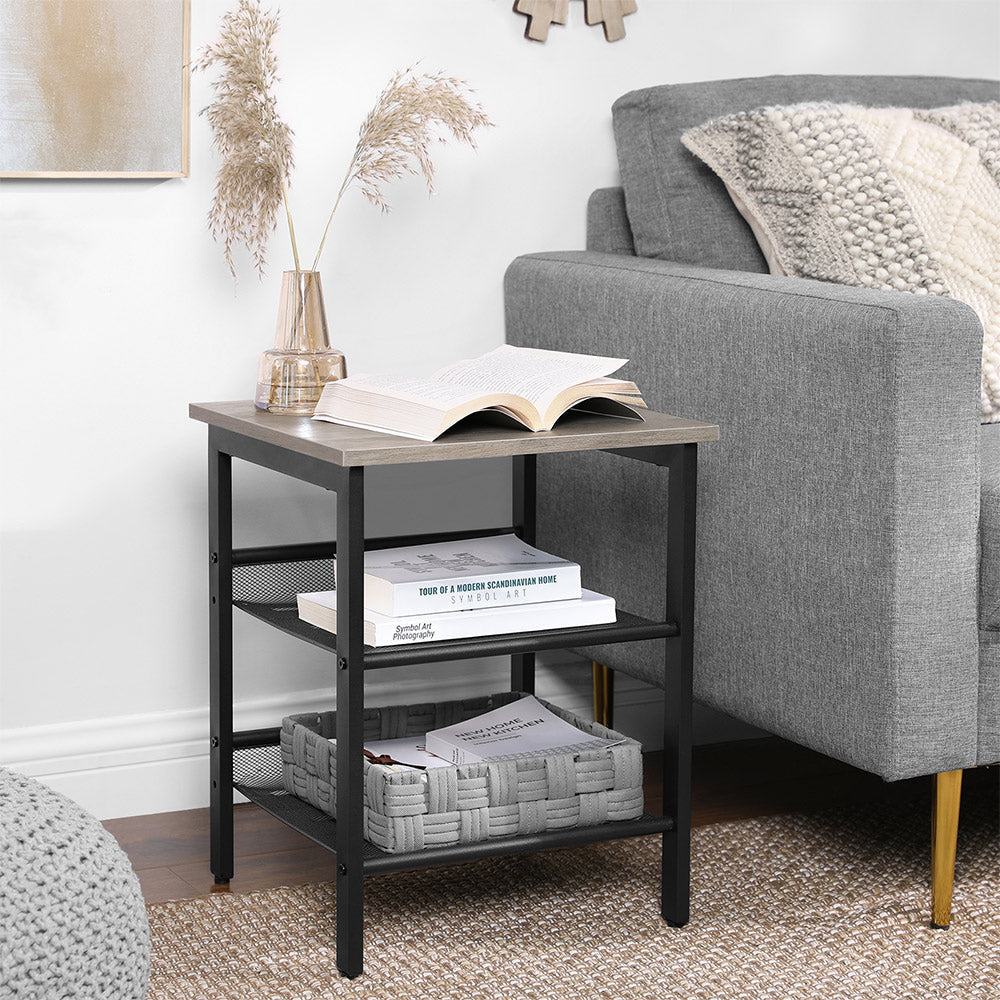 Nightstand Set - Steel Frame - Greige and Black - Adjustable Mesh Shelves
