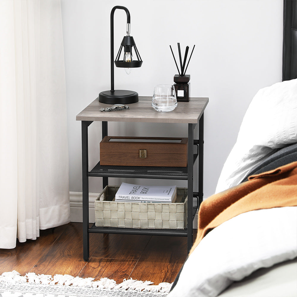 Nightstand Set - Steel Frame - Greige and Black - Adjustable Mesh Shelves