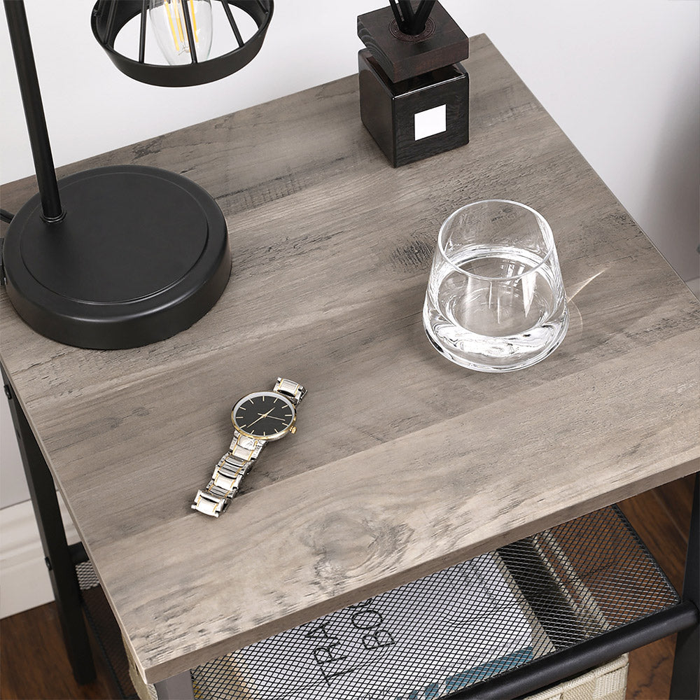 Nightstand Set - Steel Frame - Greige and Black - Adjustable Mesh Shelves