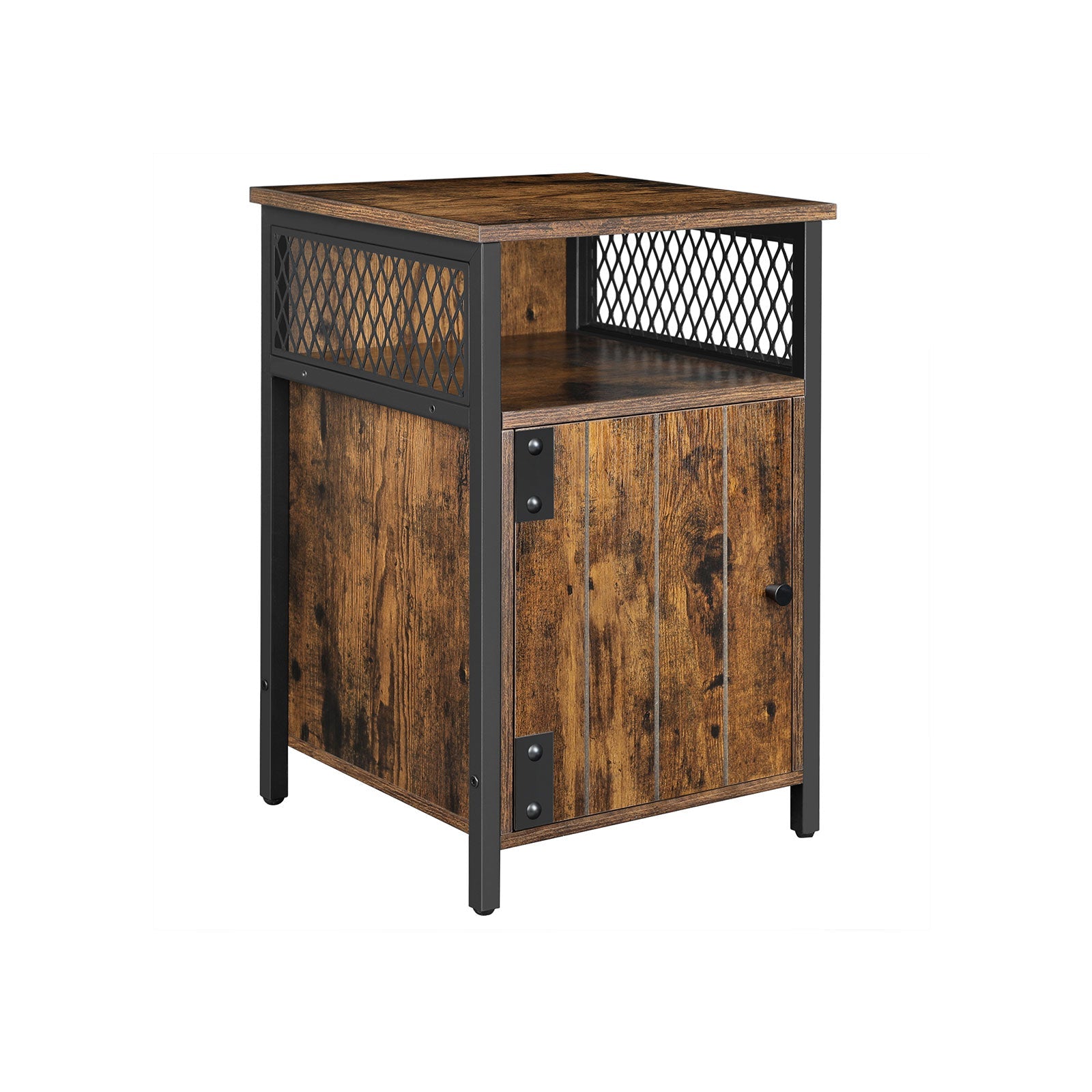 Side Table - Wood - Rustic Brown and Black - Open Shelf and Storage Cabinet