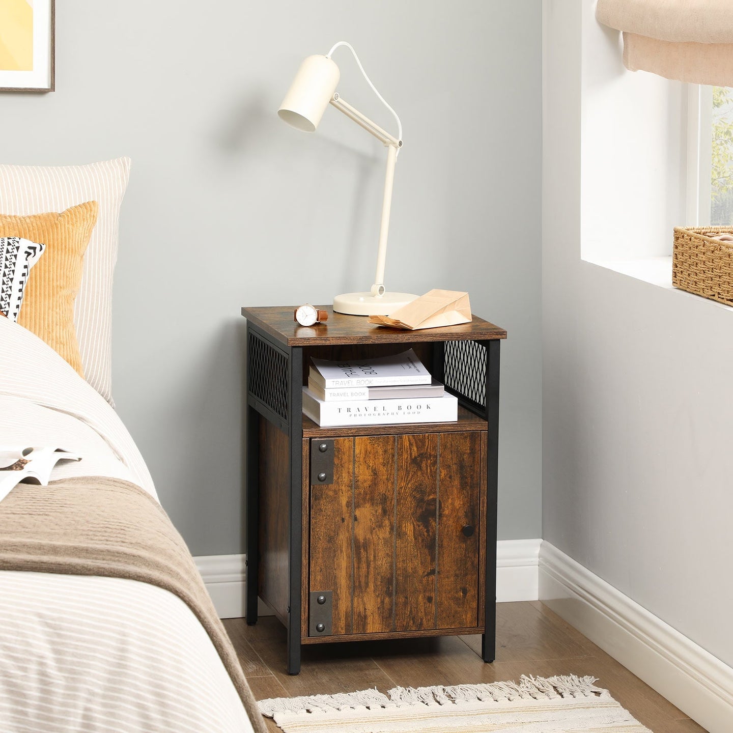 Side Table - Wood - Rustic Brown and Black - Open Shelf and Storage Cabinet