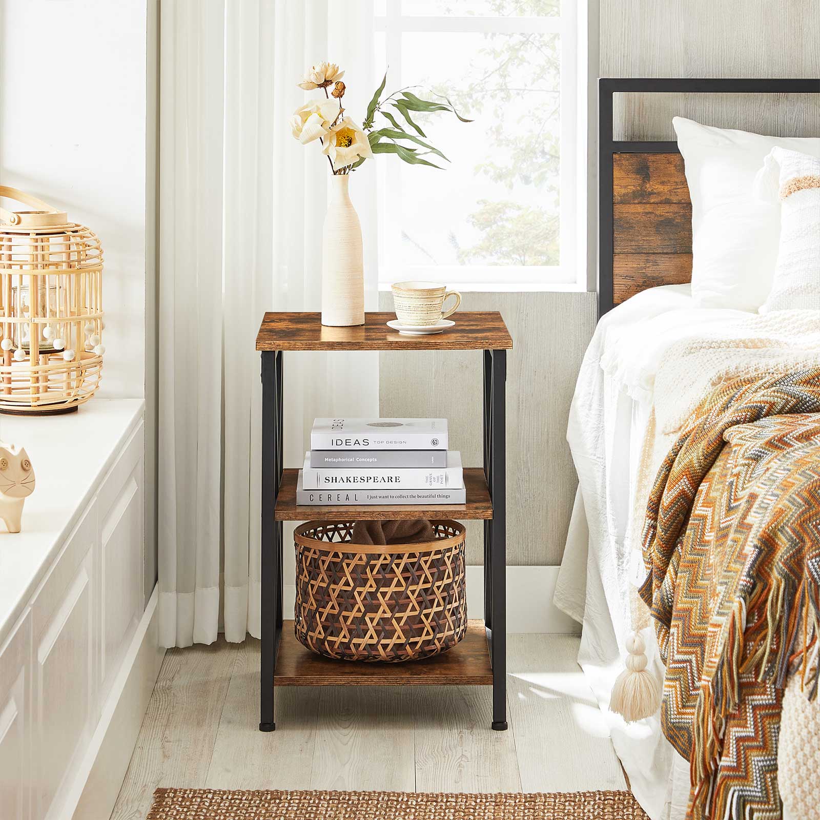 Side Table - Wood - Rustic Brown and Black - X-Shape Frame with 2 Storage Shelves