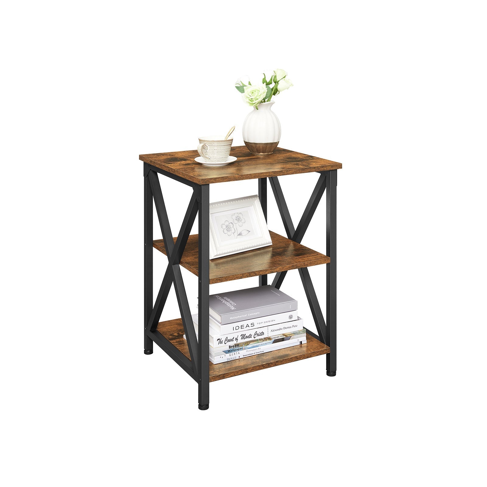 Side Table - Wood - Rustic Brown and Black - X-Shape Frame with 2 Storage Shelves