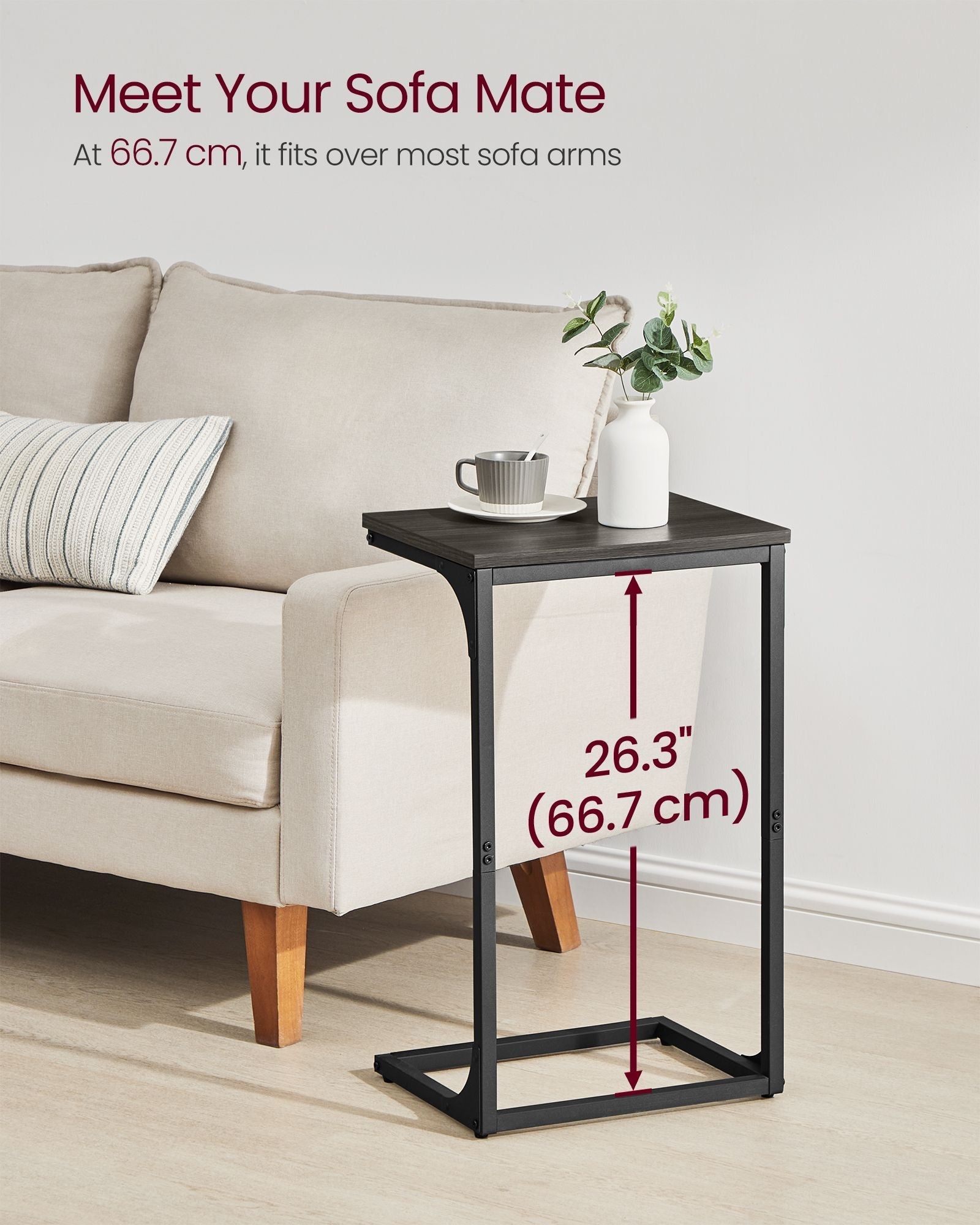 C-Shaped Side Tables Set of 2 - Industrial Metal Frame - Grey Oak and Ink Black