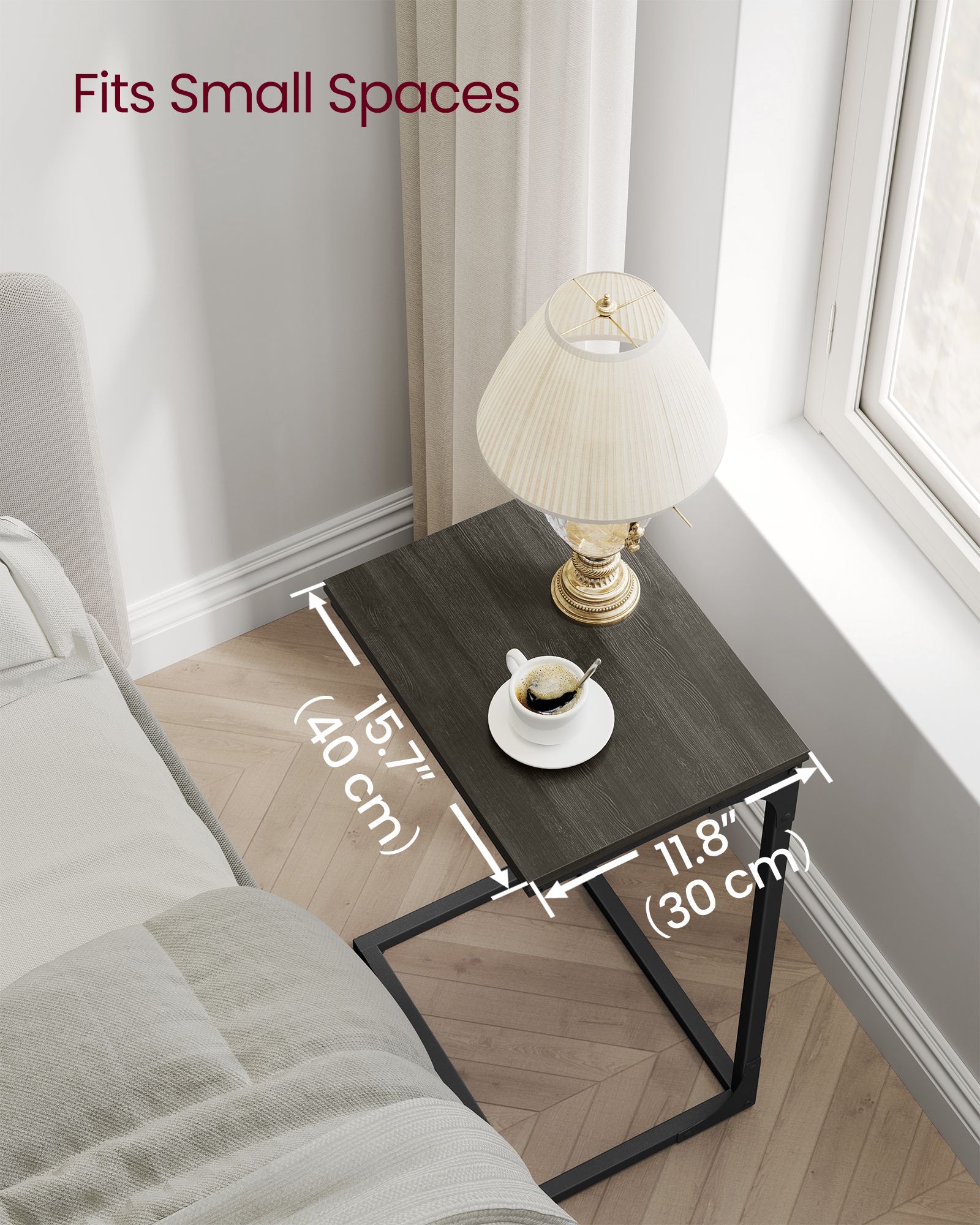 C-Shaped Side Tables Set of 2 - Industrial Metal Frame - Grey Oak and Ink Black
