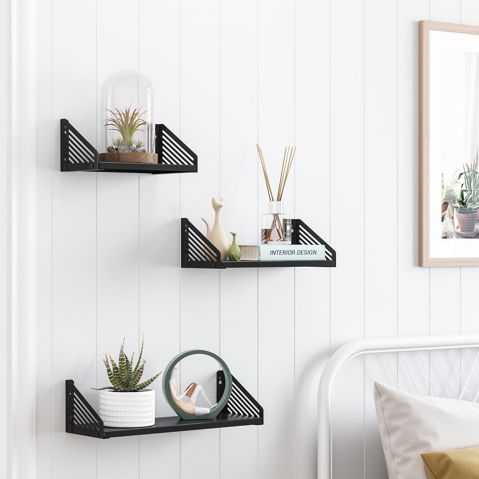 Metal Wall-Mounted Floating Shelves - Black - Set of 3 for Trinkets and Decorations
