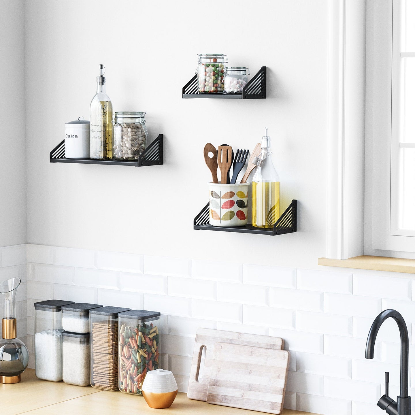 Metal Wall-Mounted Floating Shelves - Black - Set of 3 for Trinkets and Decorations