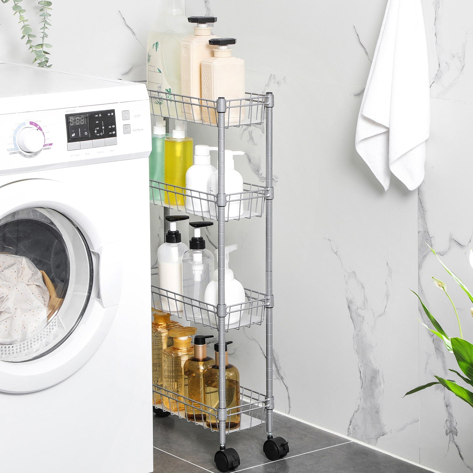 4-Tier Slim Storage Cart - Metal - Silver - Rolling Design for Small Spaces