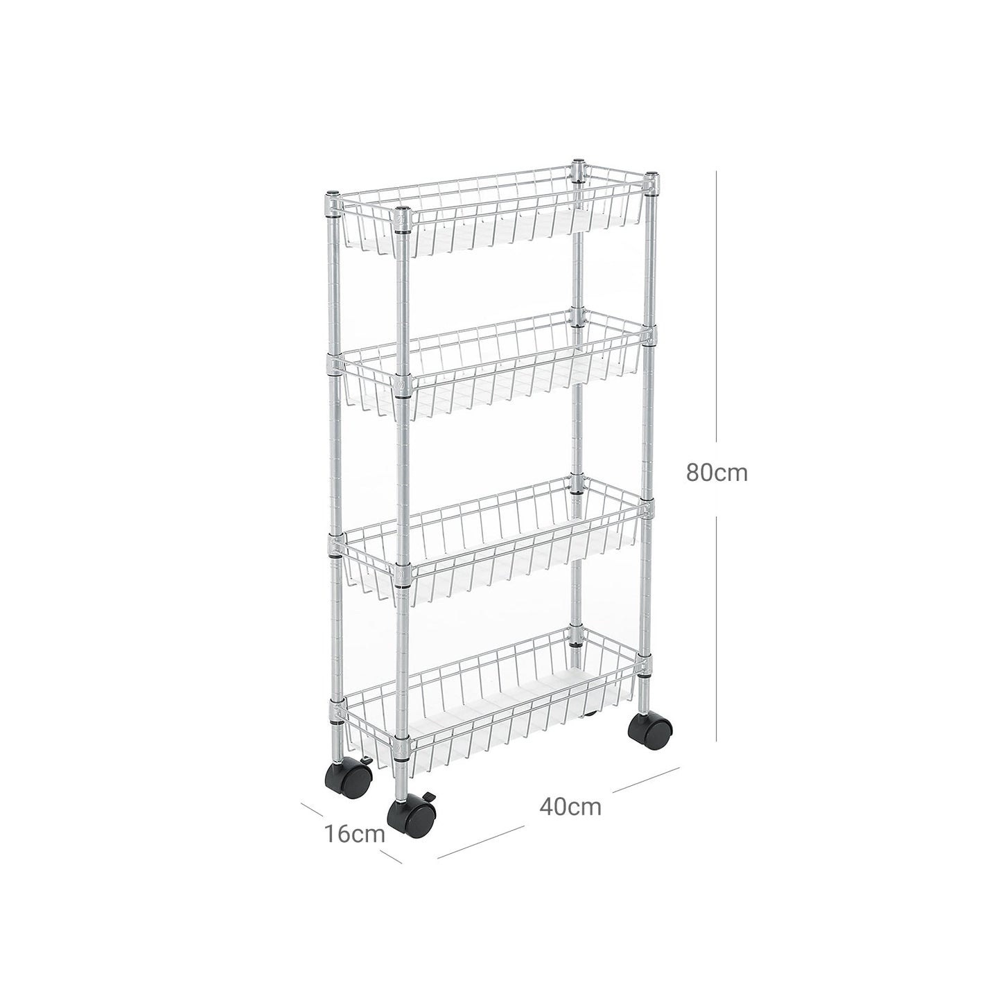 4-Tier Slim Storage Cart - Metal - Silver - Rolling Design for Small Spaces