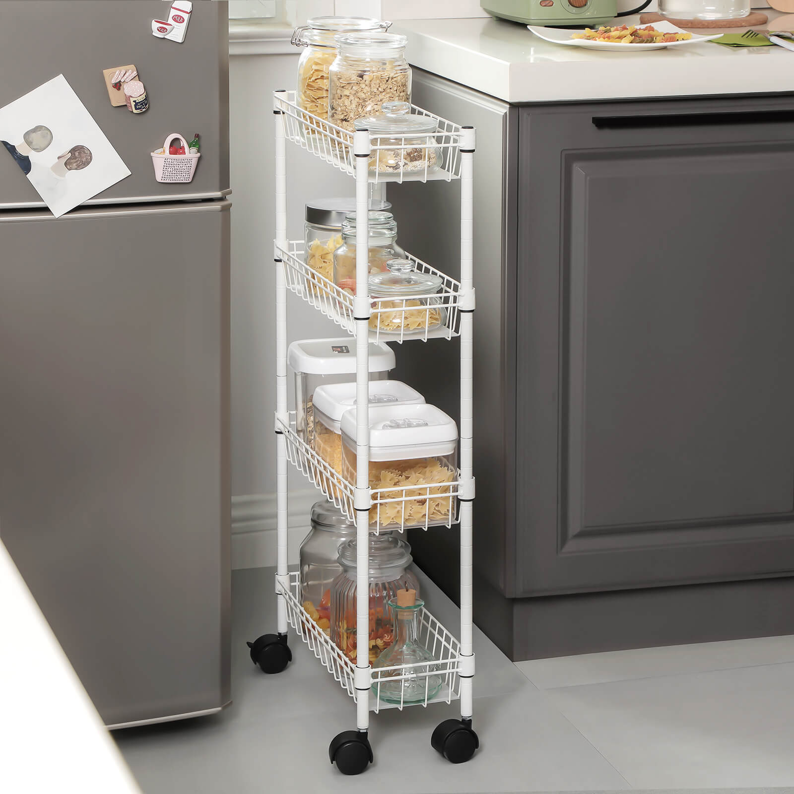 Narrow Metal Storage Cart - 4-Tier - Silver - Rolling Trolley for Small Spaces