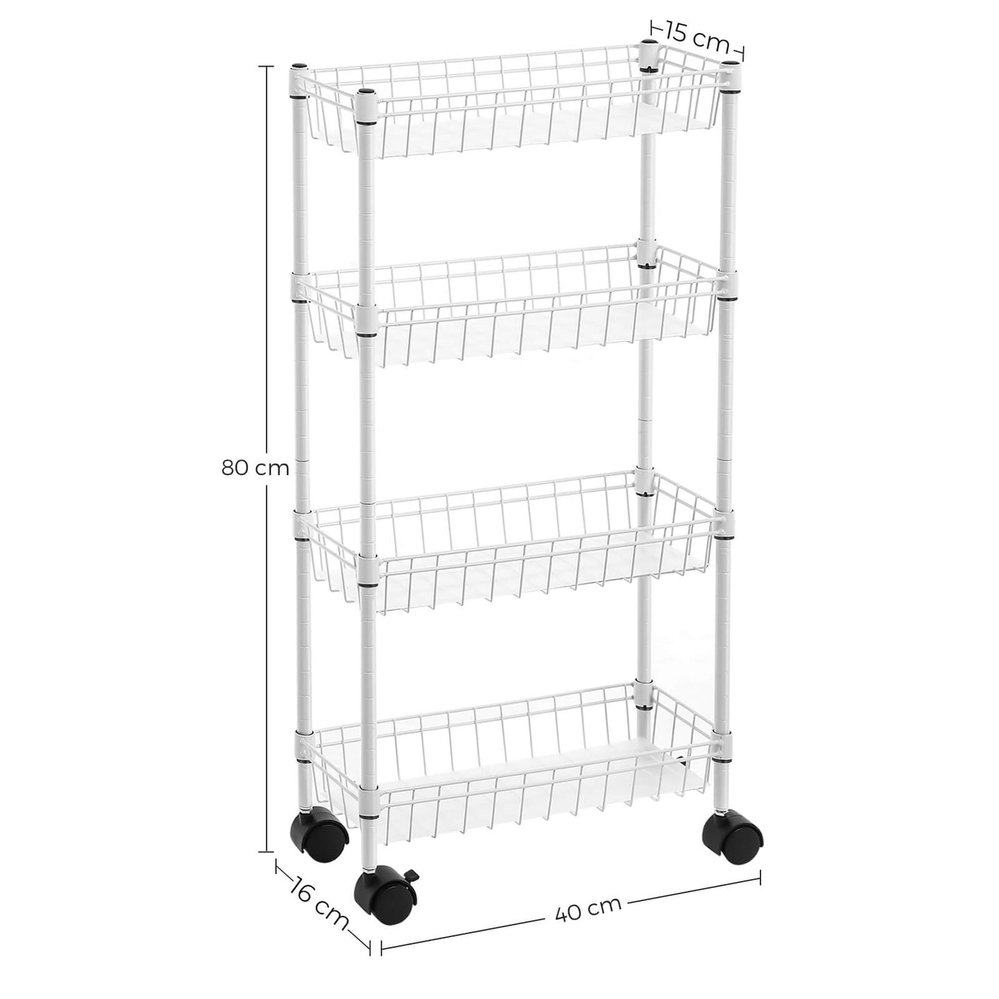 Narrow Metal Storage Cart - 4-Tier - Silver - Rolling Trolley for Small Spaces
